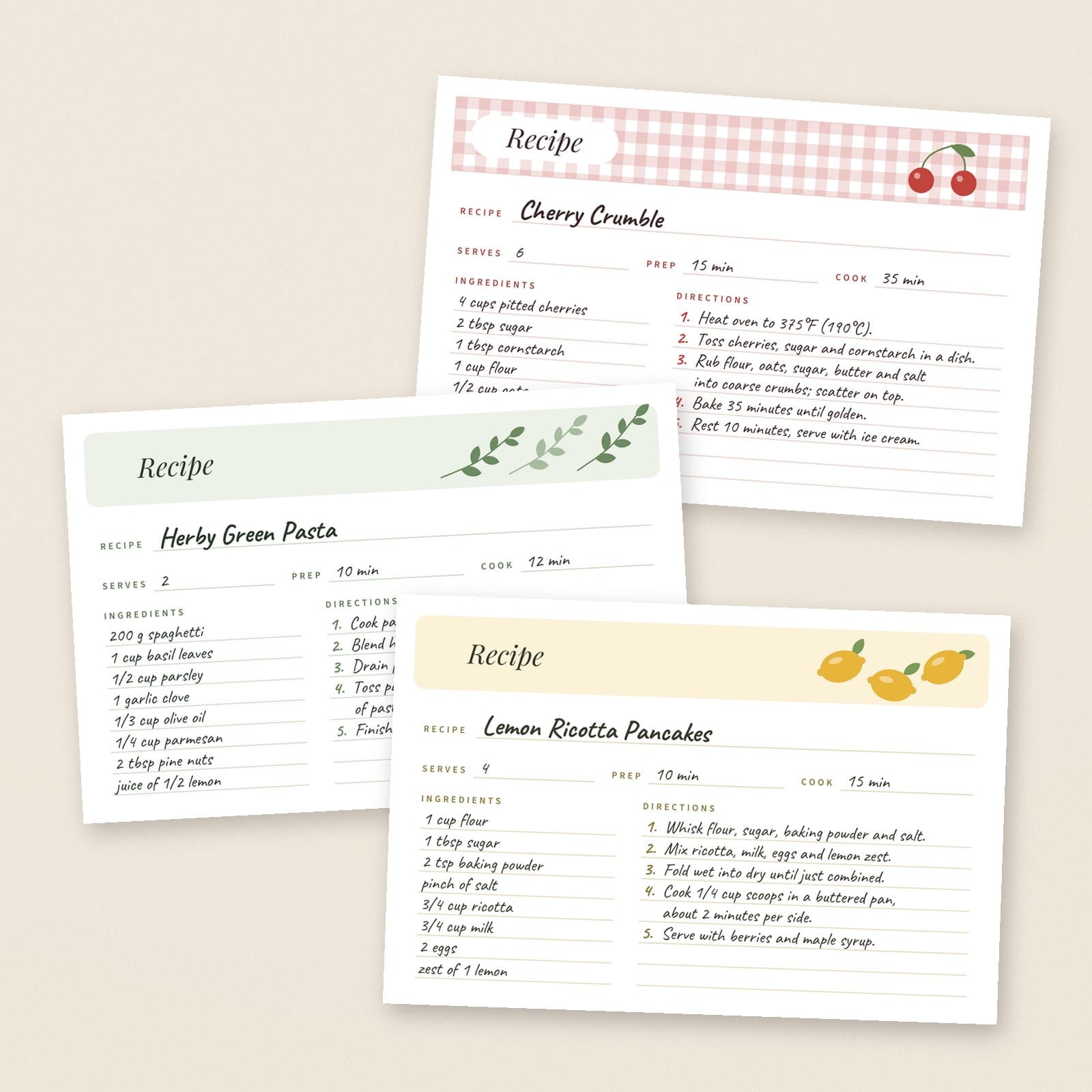 Recipe Card Templates 4x6, 3 Designs | Fillable PDF + Editable SVG preview