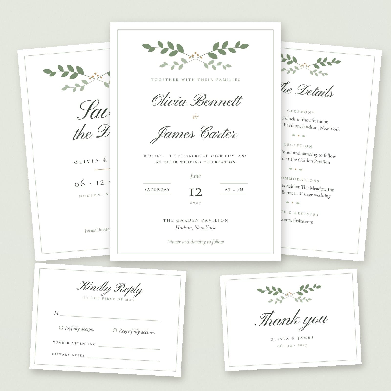 Sage Wedding Invitation Suite Template | 5 Editable SVG + PDF Cards preview