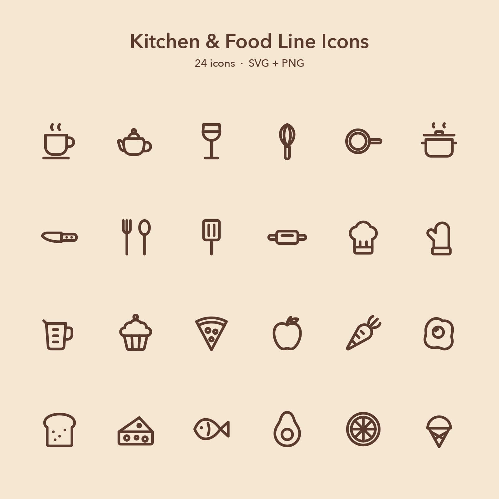 Kitchen & Food Line Icons, 24 SVG + PNG Icons preview