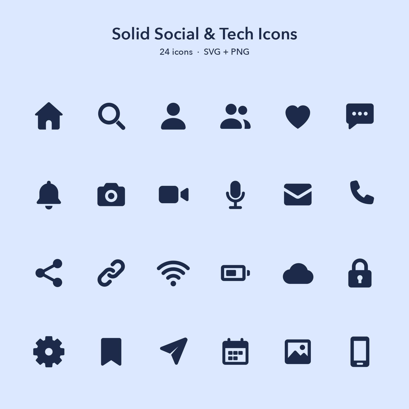 Solid Social & Tech Icon Set, 24 SVG + PNG Icons preview