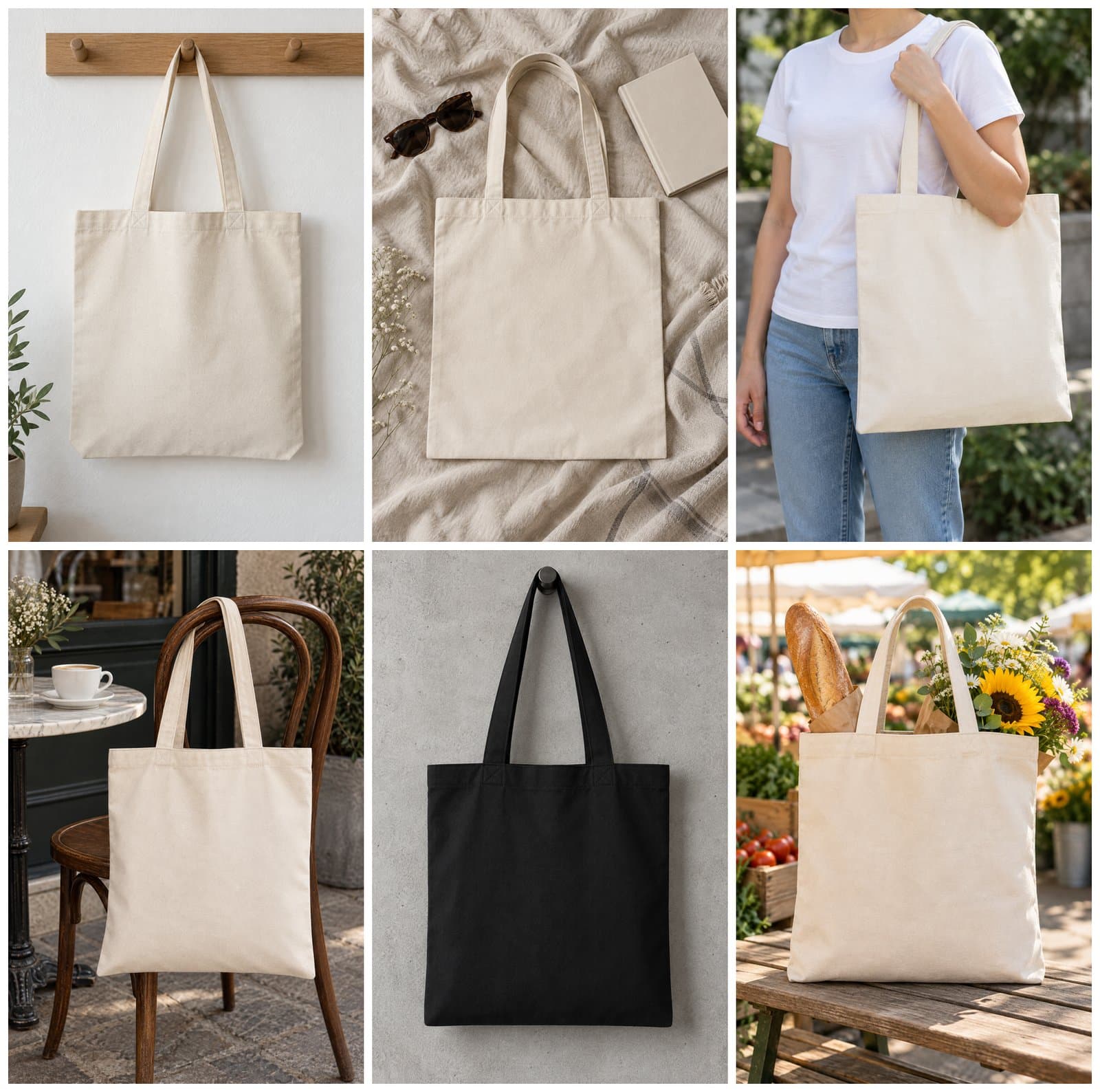 Blank Canvas Tote Bag Mockups, 6 Natural & Black Tote Scenes preview