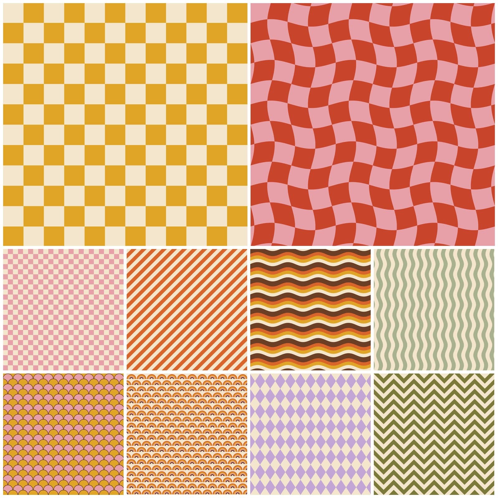 Retro 70s Digital Paper: Wavy Checkers, Rainbows & Daisies, 12 Seamless preview