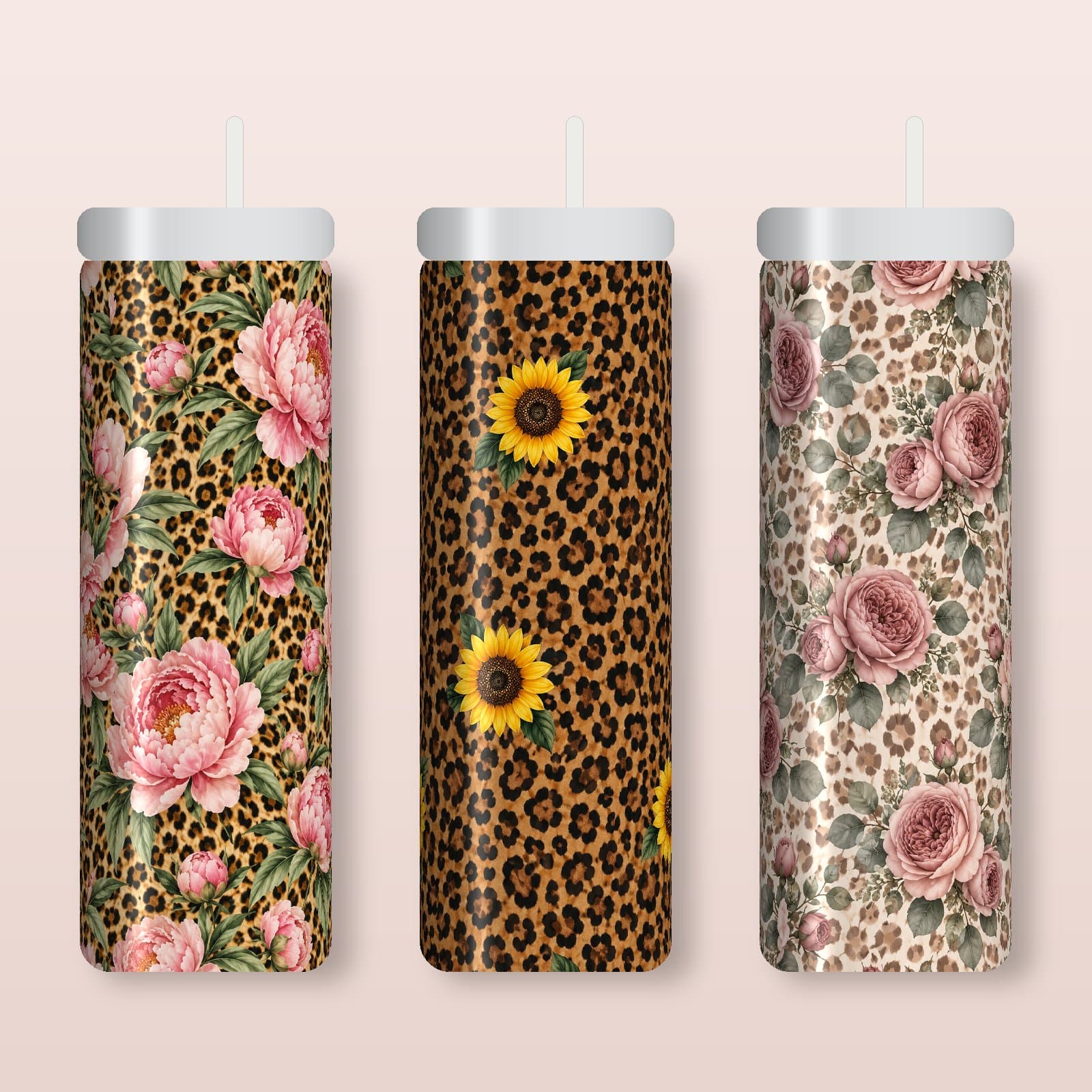Leopard Floral Skinny Tumbler Wraps | 6 Sublimation PNGs for 20 oz preview