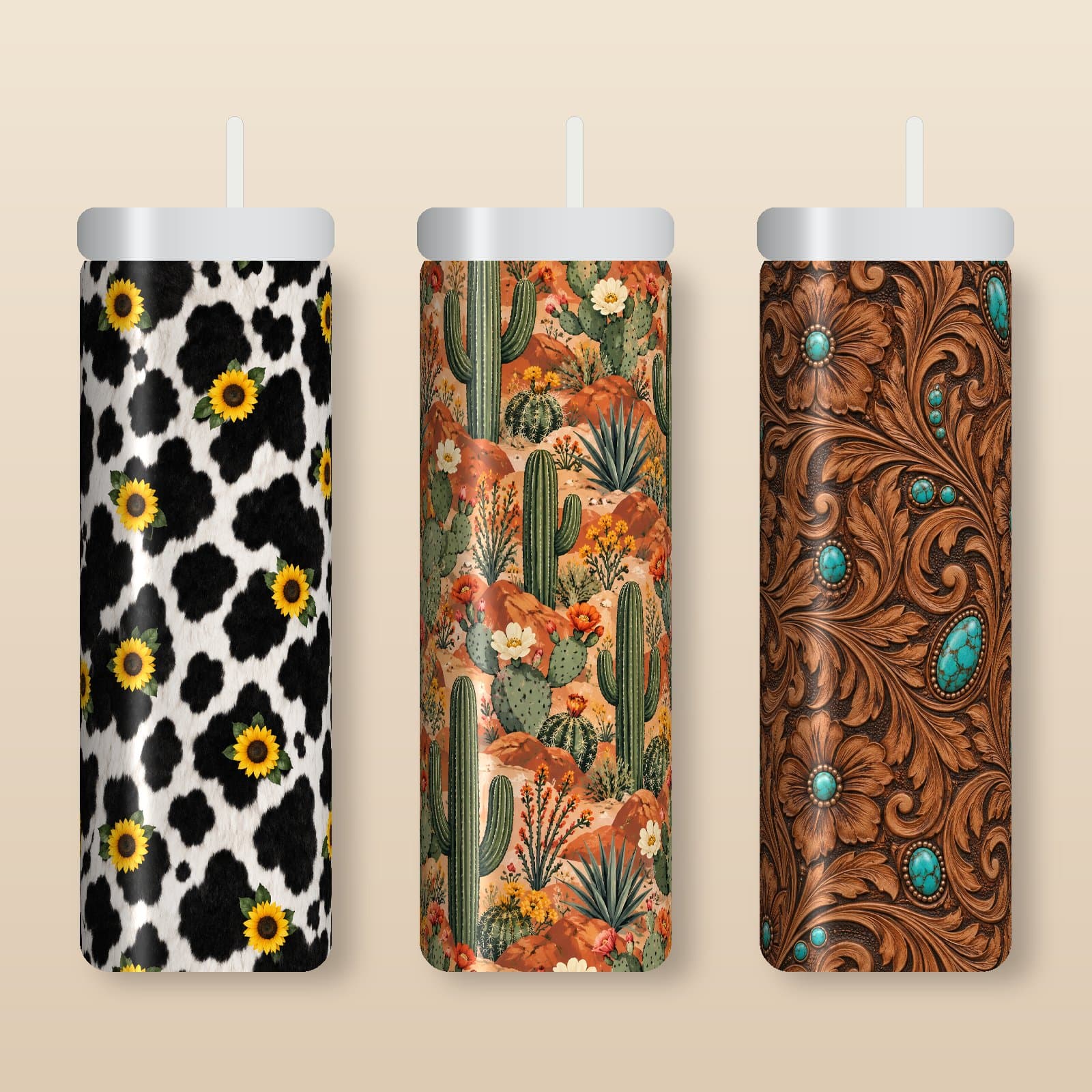Western Cowhide & Cactus Tumbler Wraps | 6 Sublimation PNGs for 20 oz preview