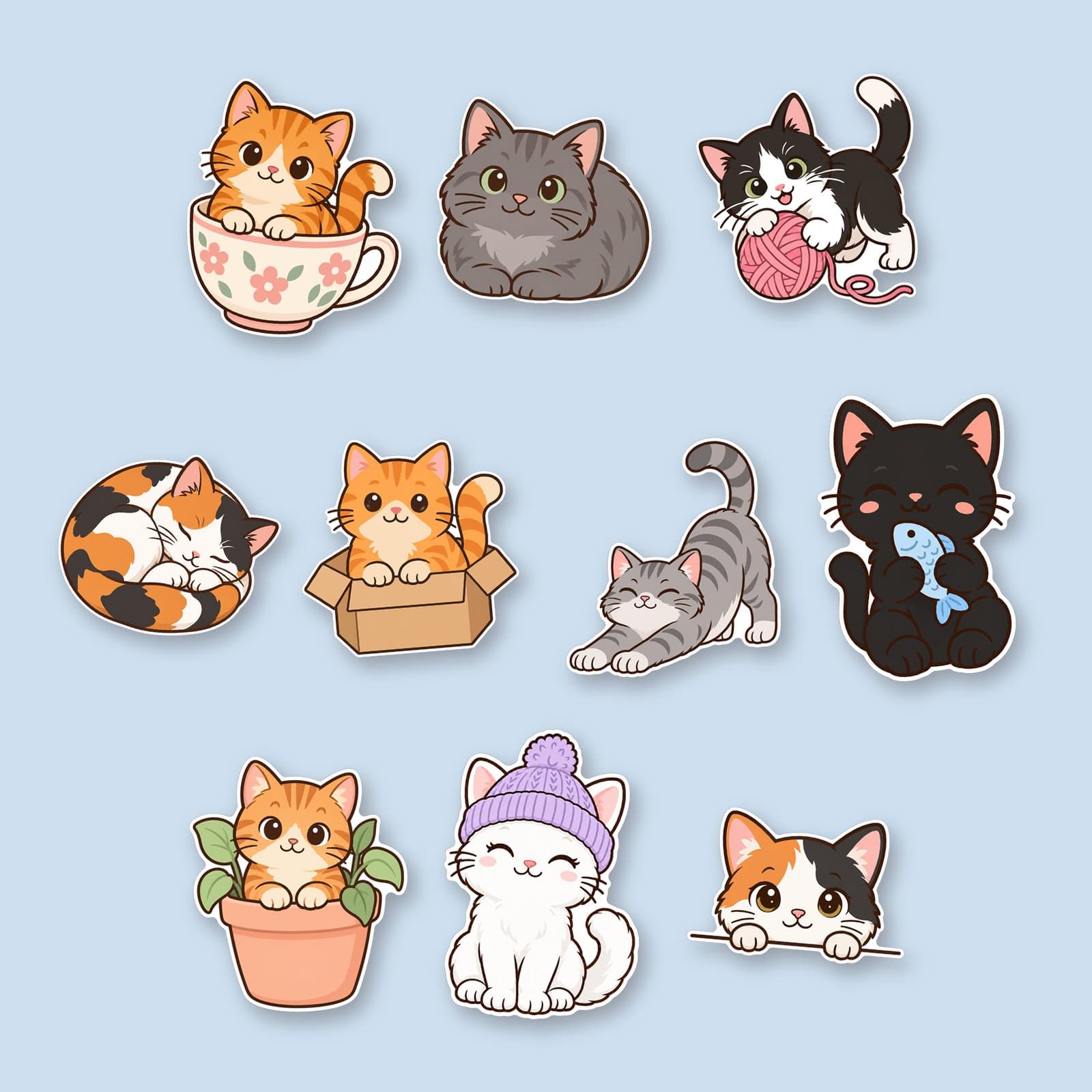 Cozy Cat Sticker Pack – 10 Printable Die-Cut Cat Stickers preview