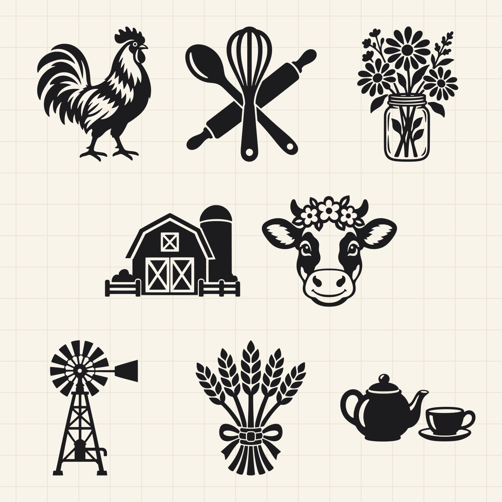 Farmhouse Kitchen SVG Cut Files – 8 Rustic Silhouettes preview