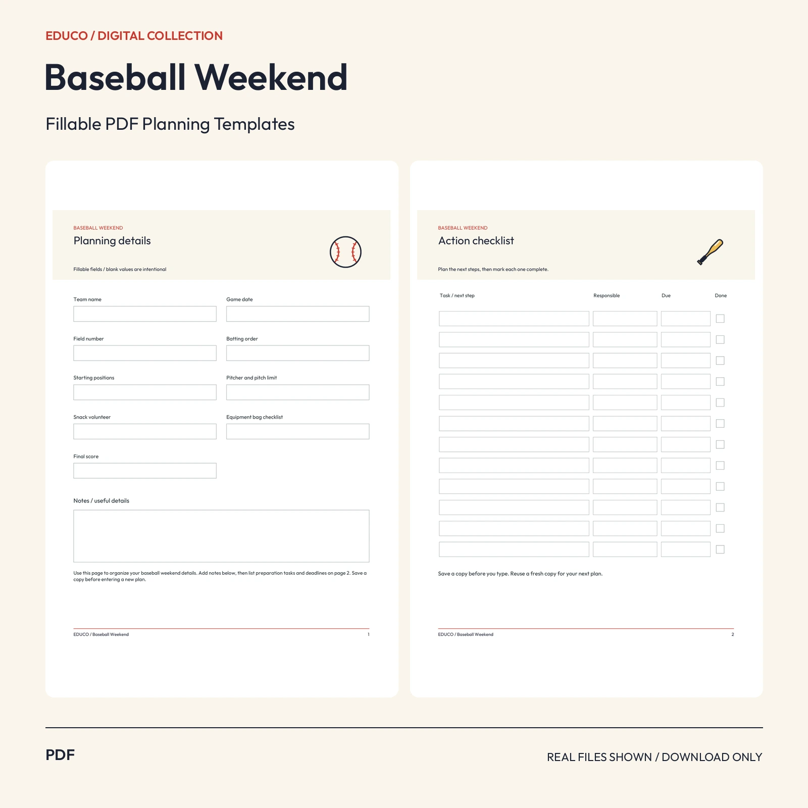 Baseball Weekend - Fillable PDF Planning Templates preview