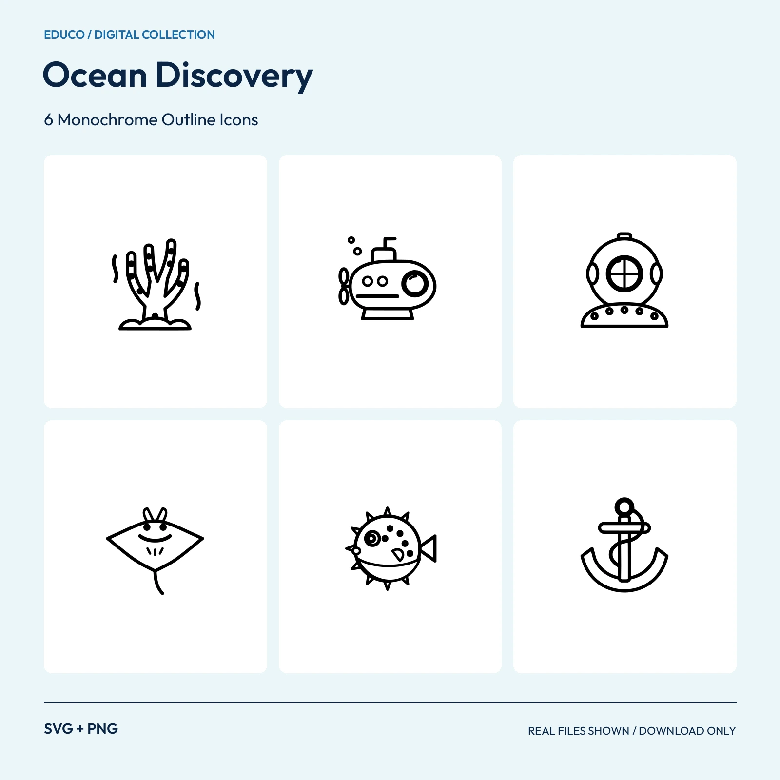 Ocean Discovery - 6 Monochrome Outline Icons preview