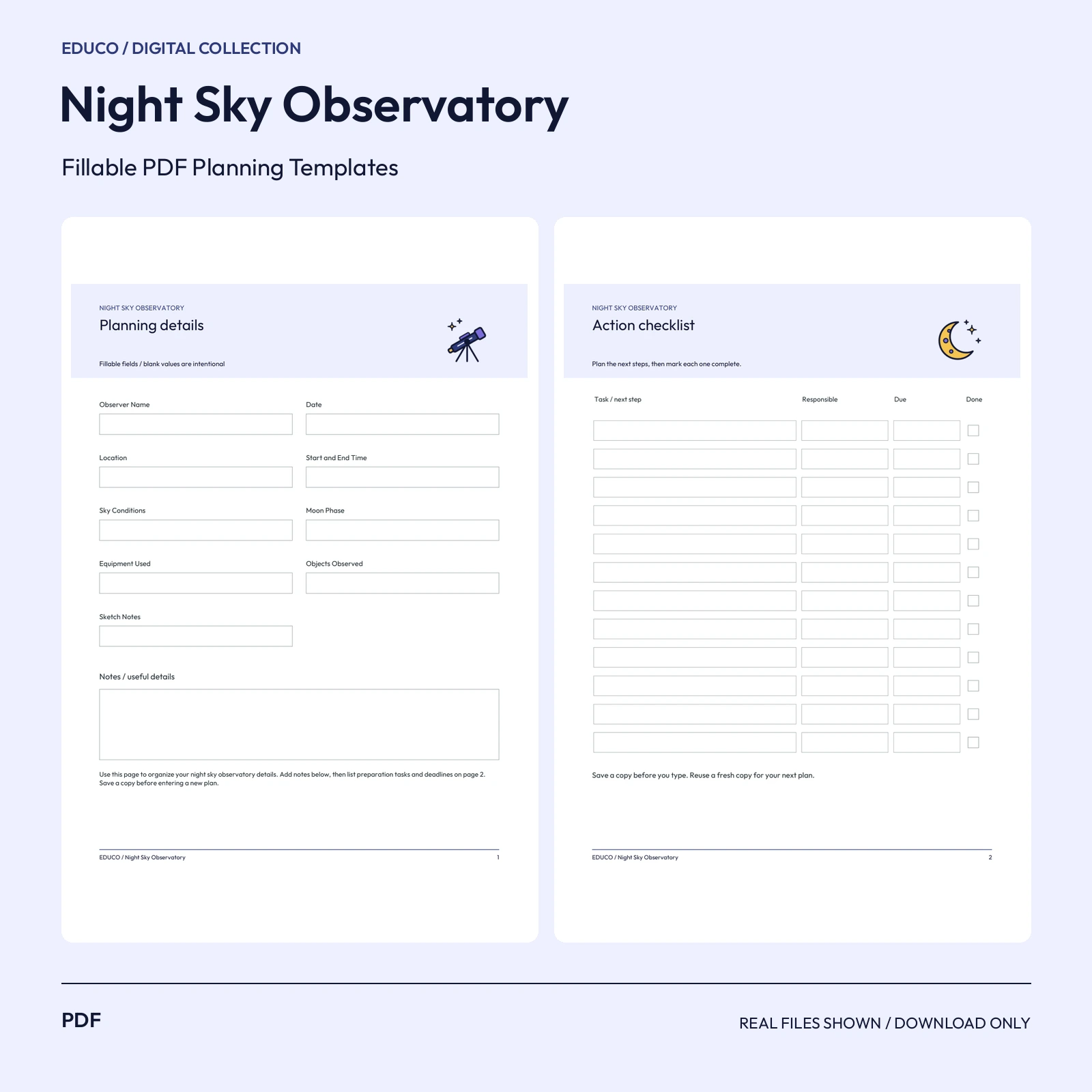 Night Sky Observatory - Fillable PDF Planning Templates preview