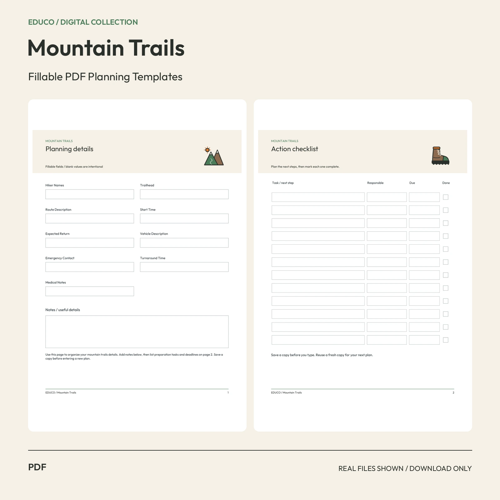 Mountain Trails - Fillable PDF Planning Templates preview