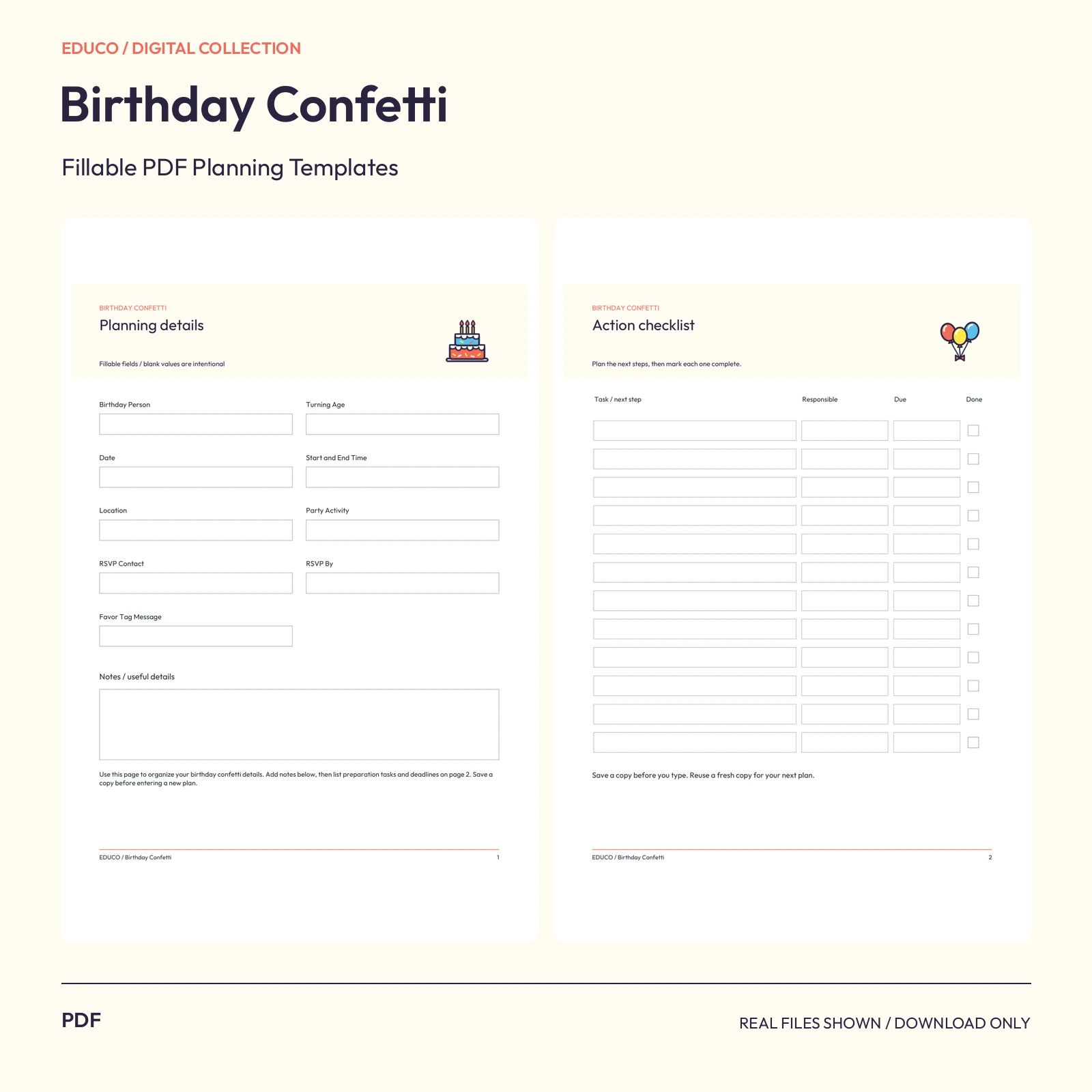 Birthday Confetti - Fillable PDF Planning Templates preview