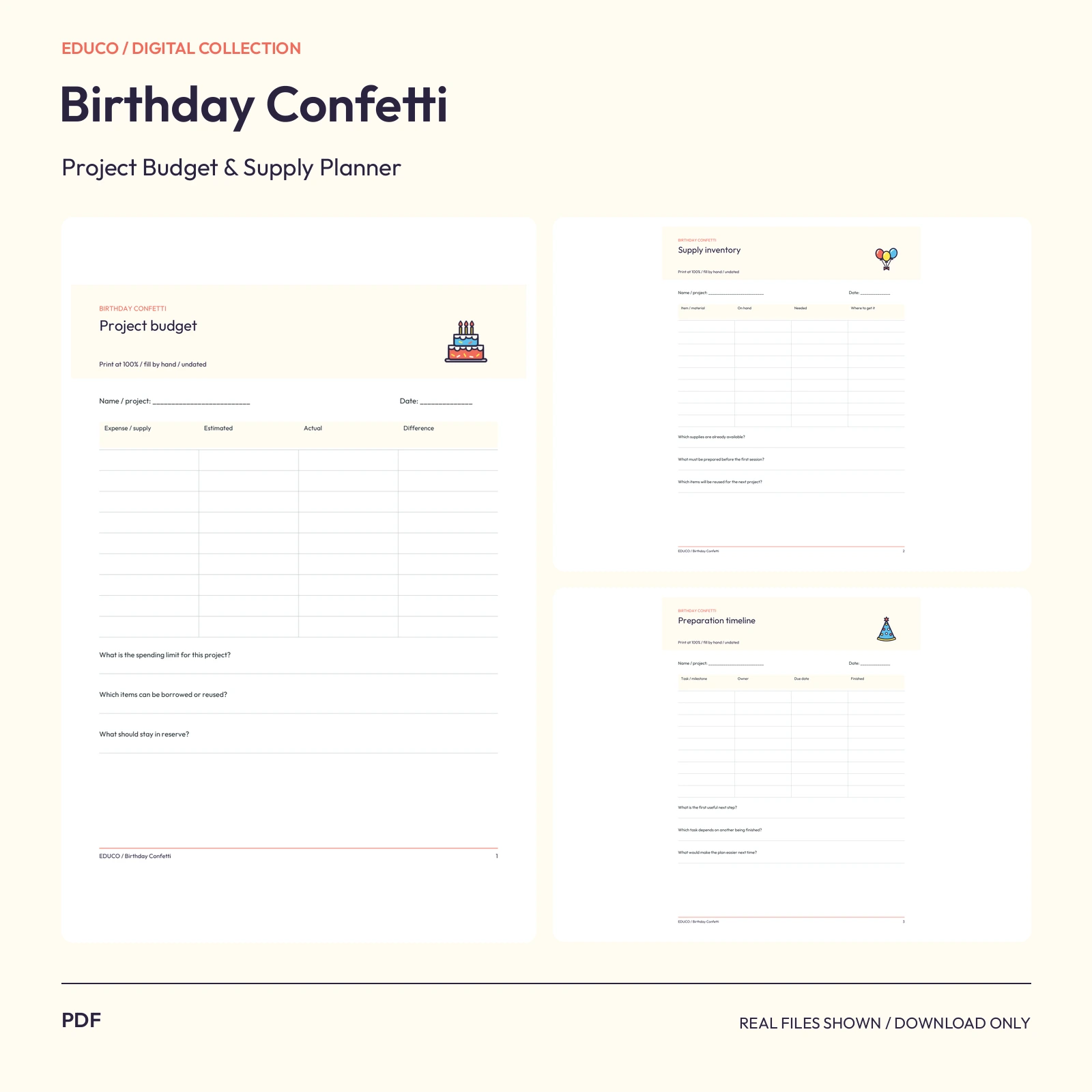 Birthday Confetti - Project Budget and Supply Planner preview