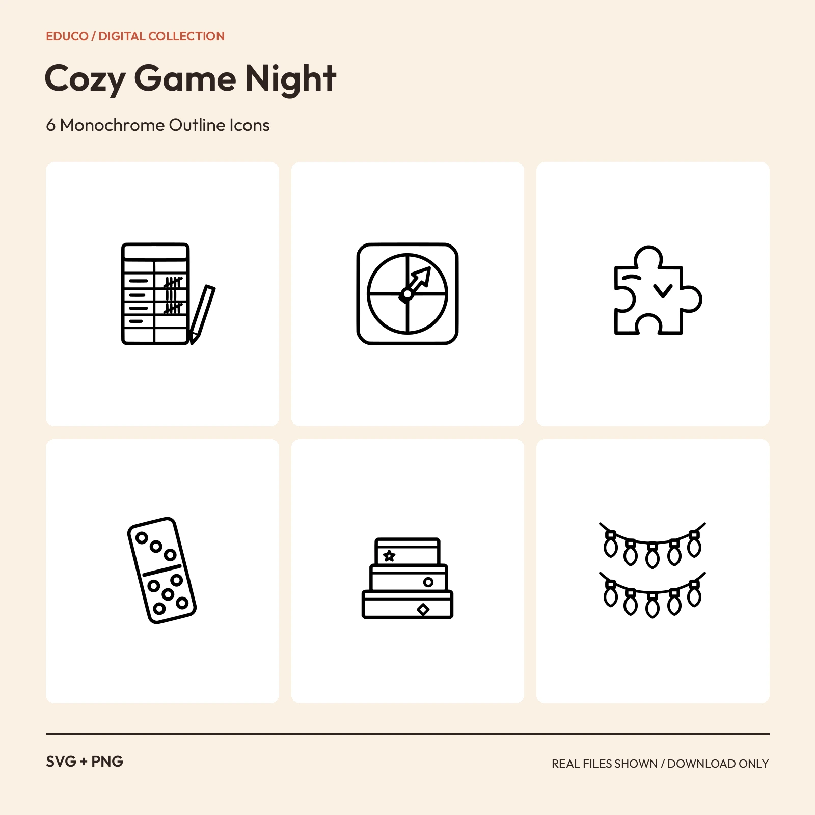 Cozy Game Night - 6 Monochrome Outline Icons preview