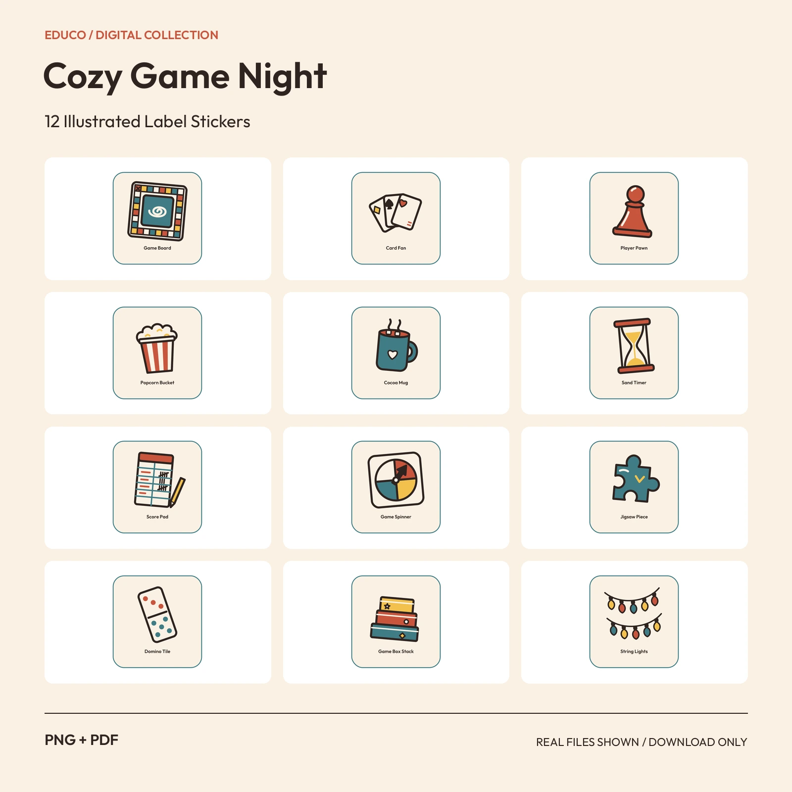 Cozy Game Night - 12 Illustrated Label Stickers preview