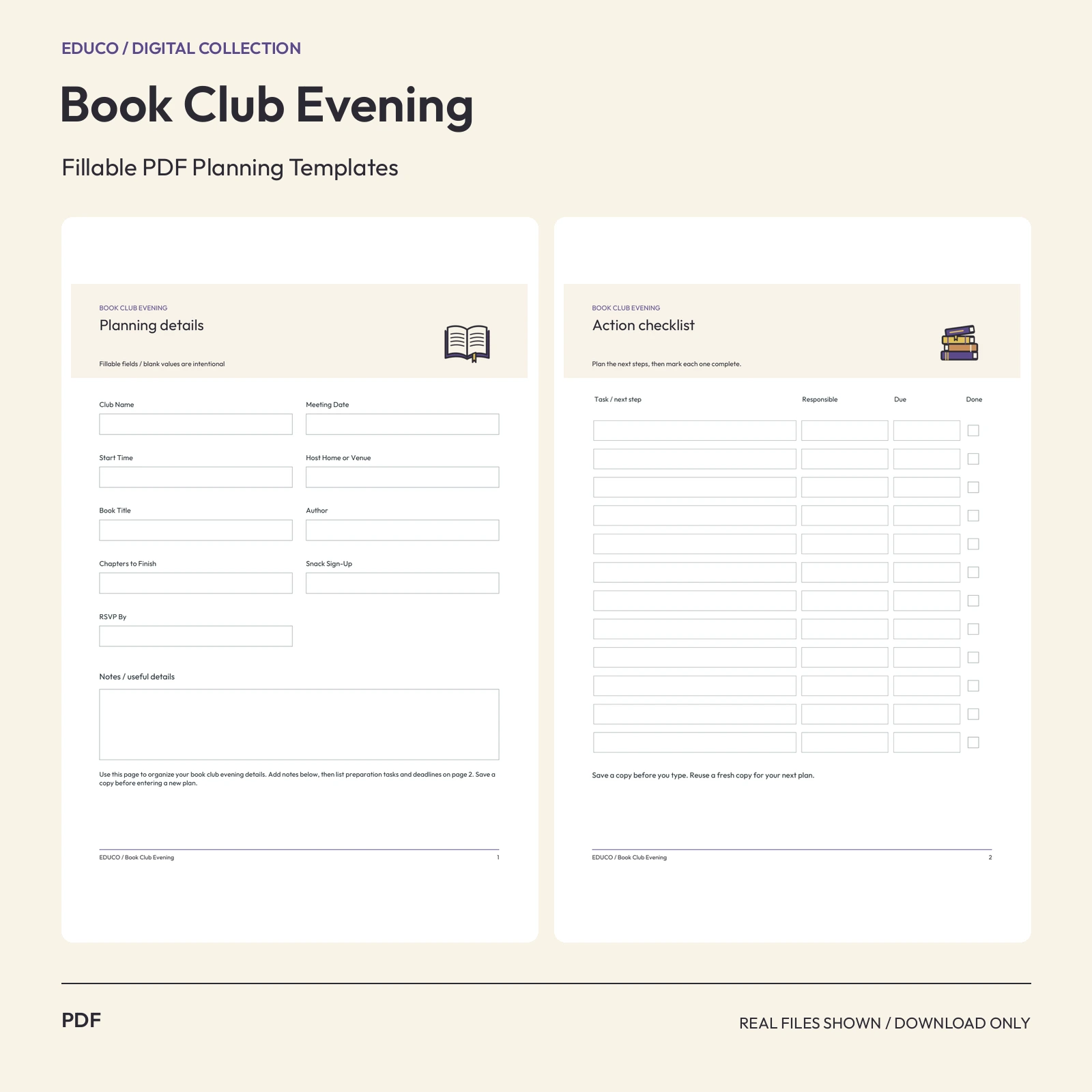 Book Club Evening - Fillable PDF Planning Templates preview
