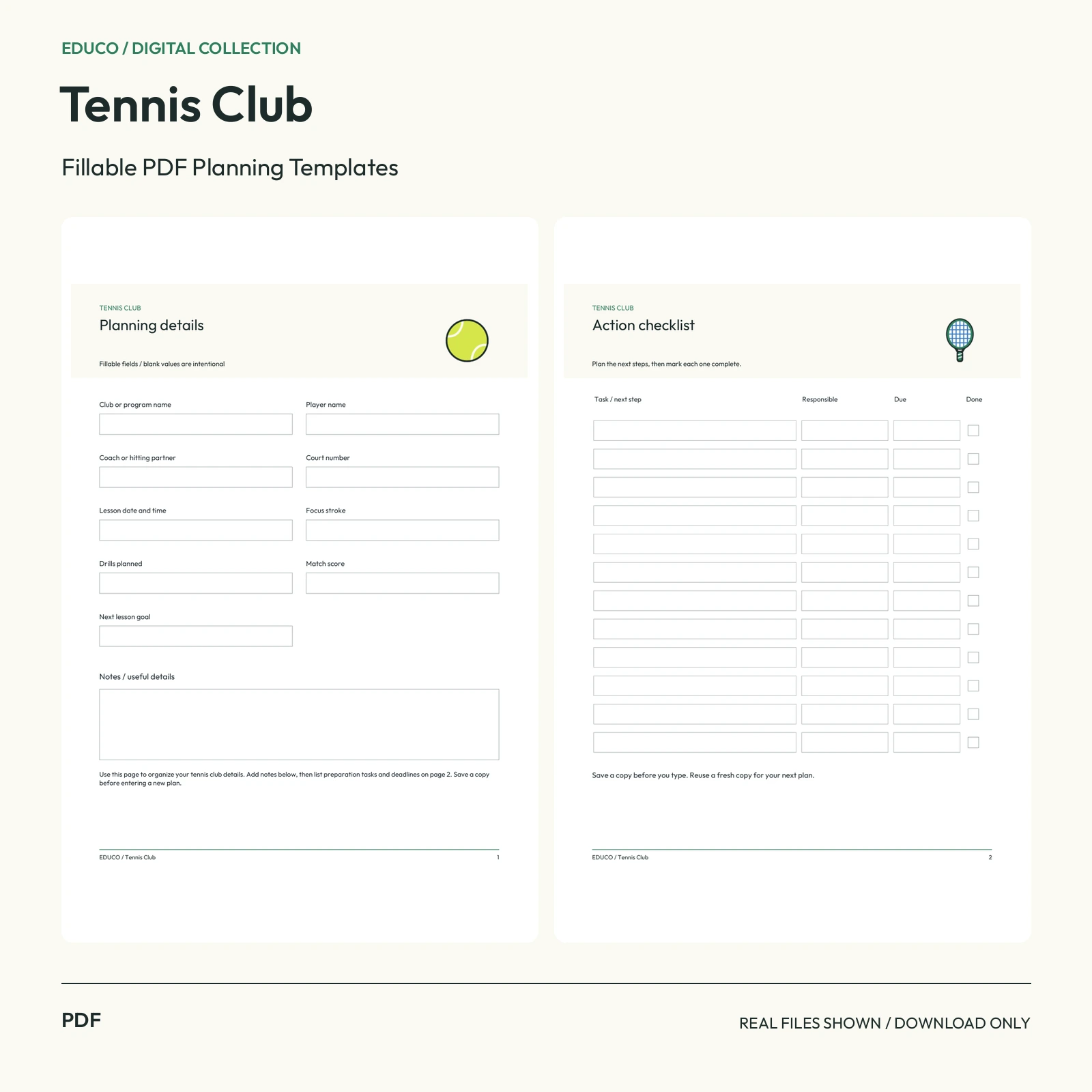 Tennis Club - Fillable PDF Planning Templates preview