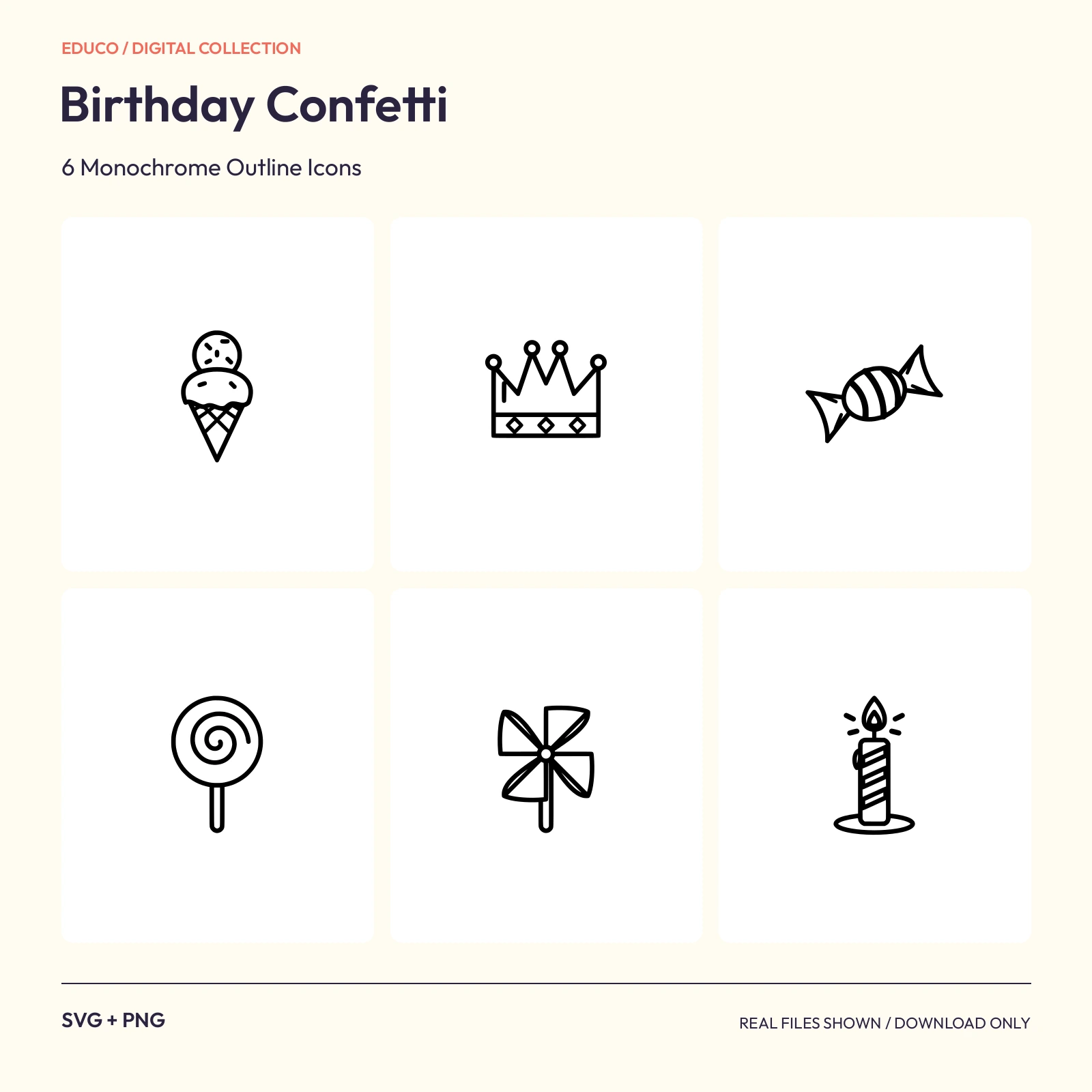 Birthday Confetti - 6 Monochrome Outline Icons preview