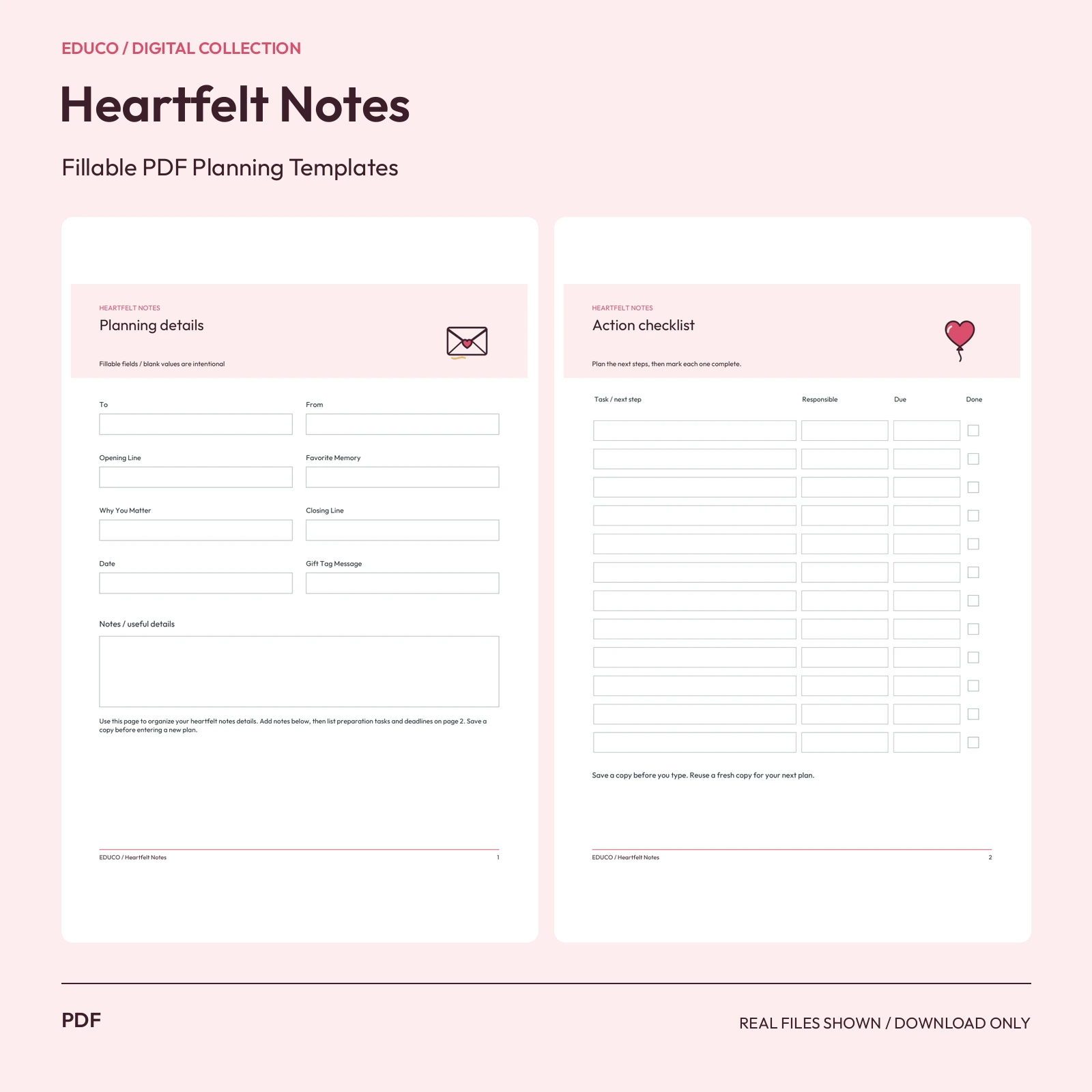 Heartfelt Notes - Fillable PDF Planning Templates preview