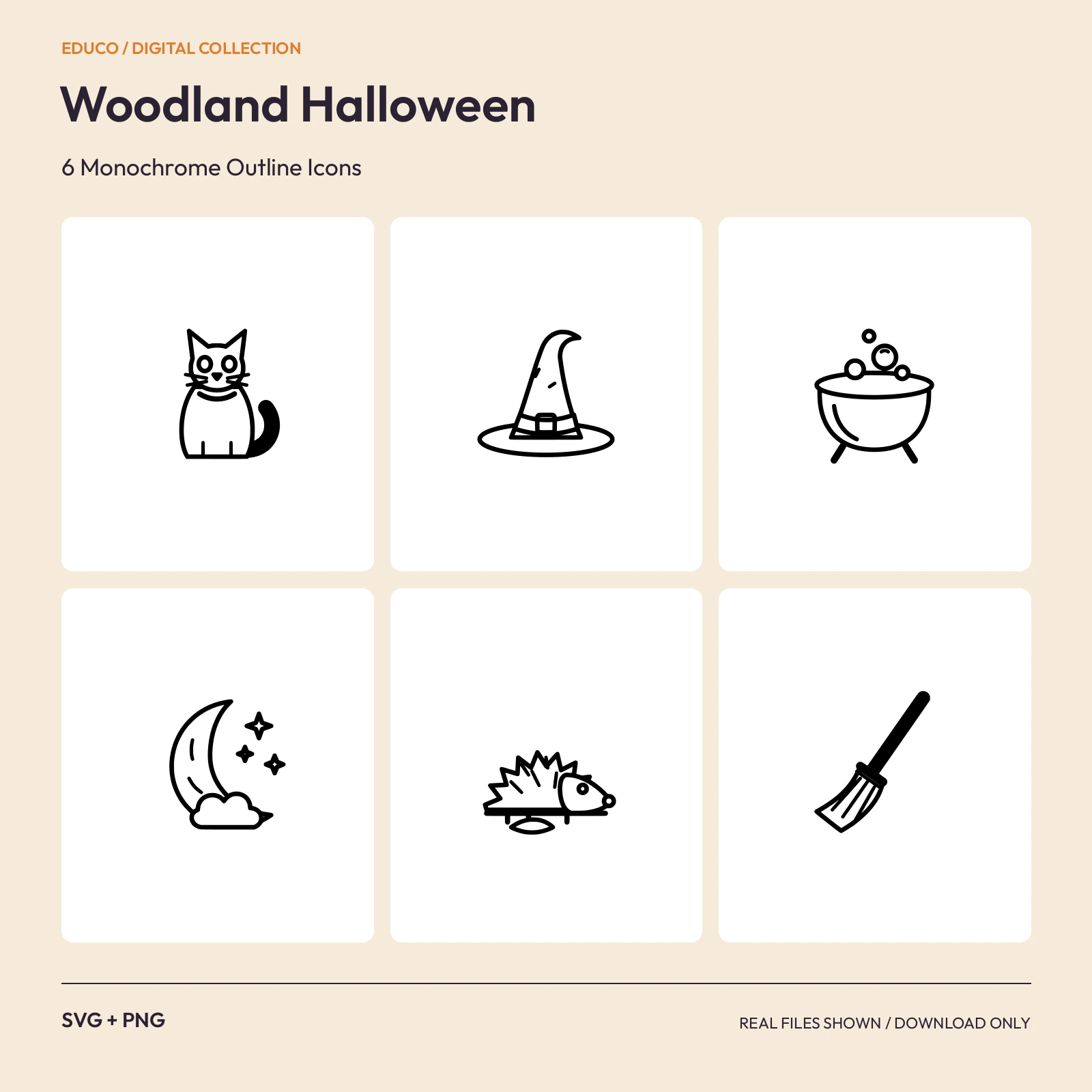 Woodland Halloween - 6 Monochrome Outline Icons preview