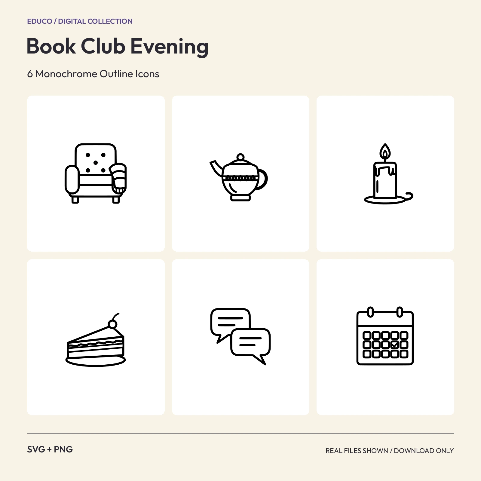 Book Club Evening - 6 Monochrome Outline Icons preview