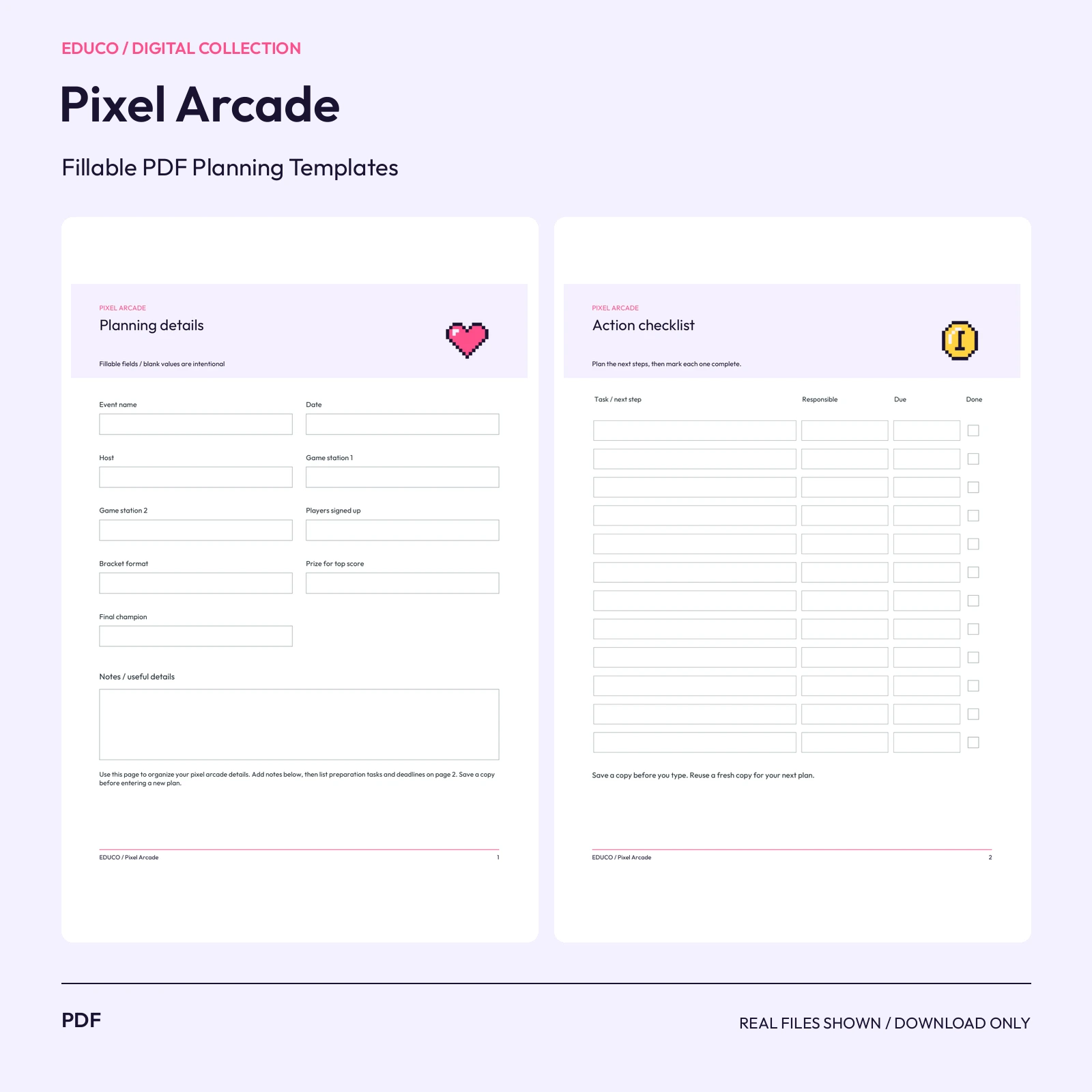 Pixel Arcade - Fillable PDF Planning Templates preview