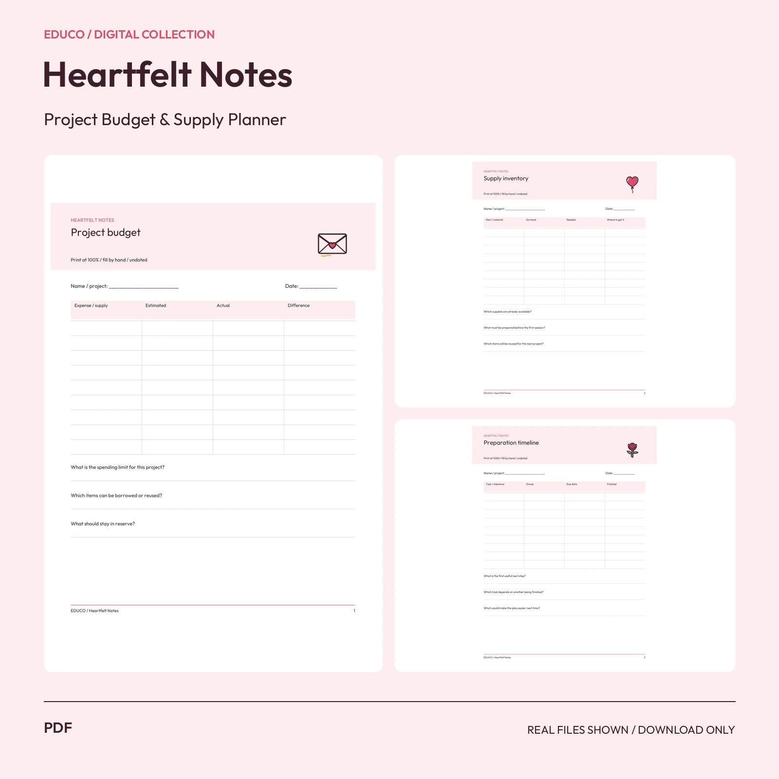 Heartfelt Notes - Project Budget and Supply Planner preview