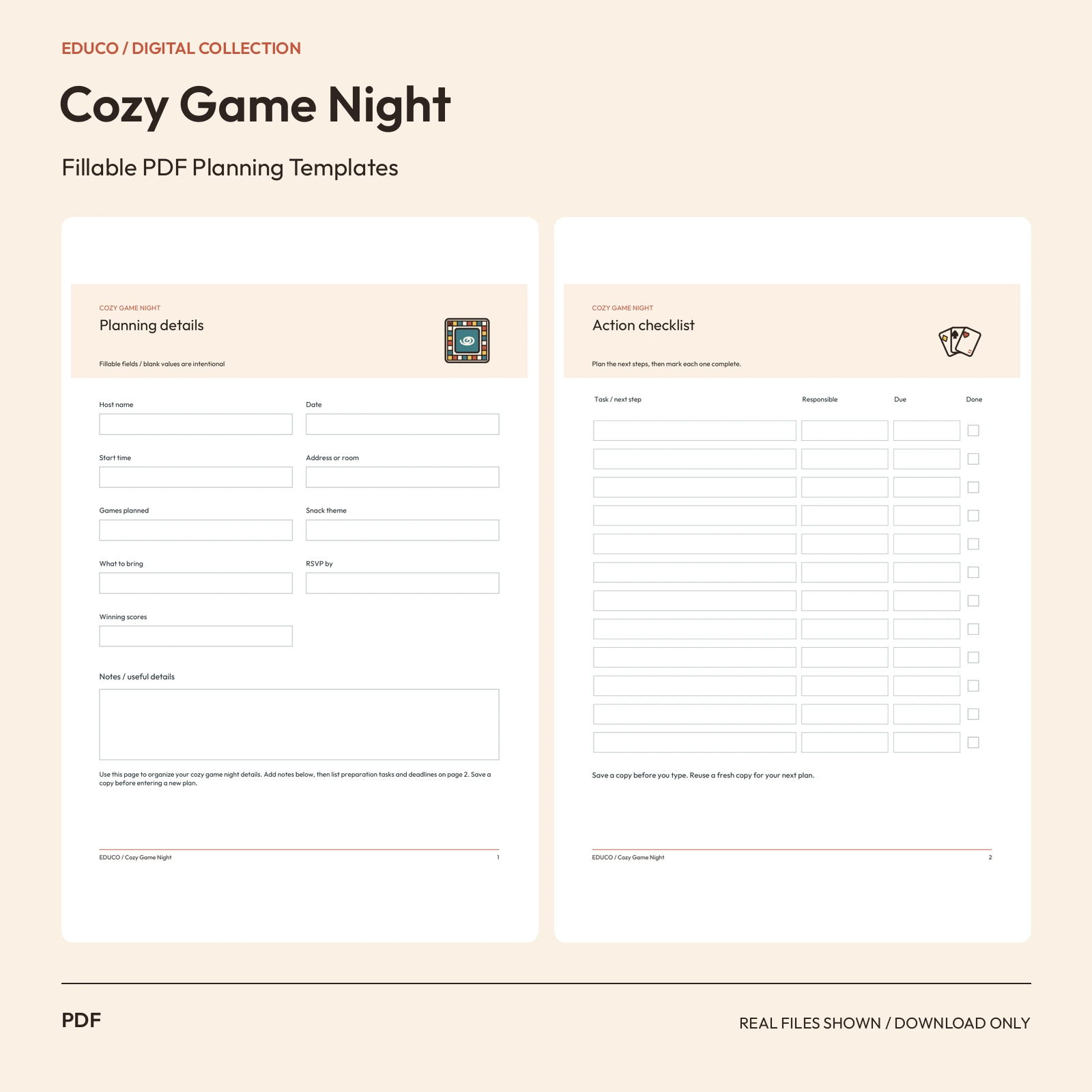 Cozy Game Night - Fillable PDF Planning Templates preview