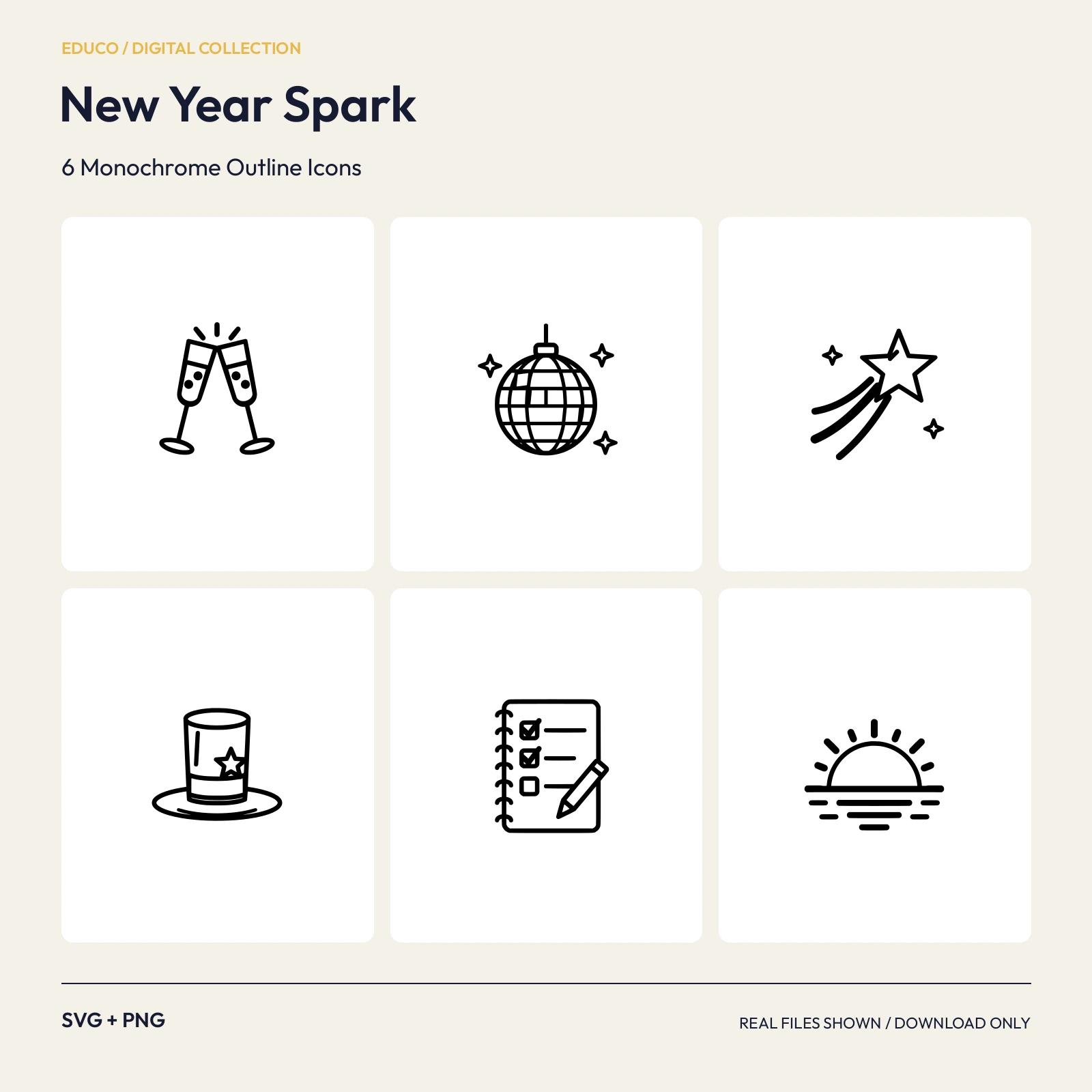 New Year Spark - 6 Monochrome Outline Icons preview