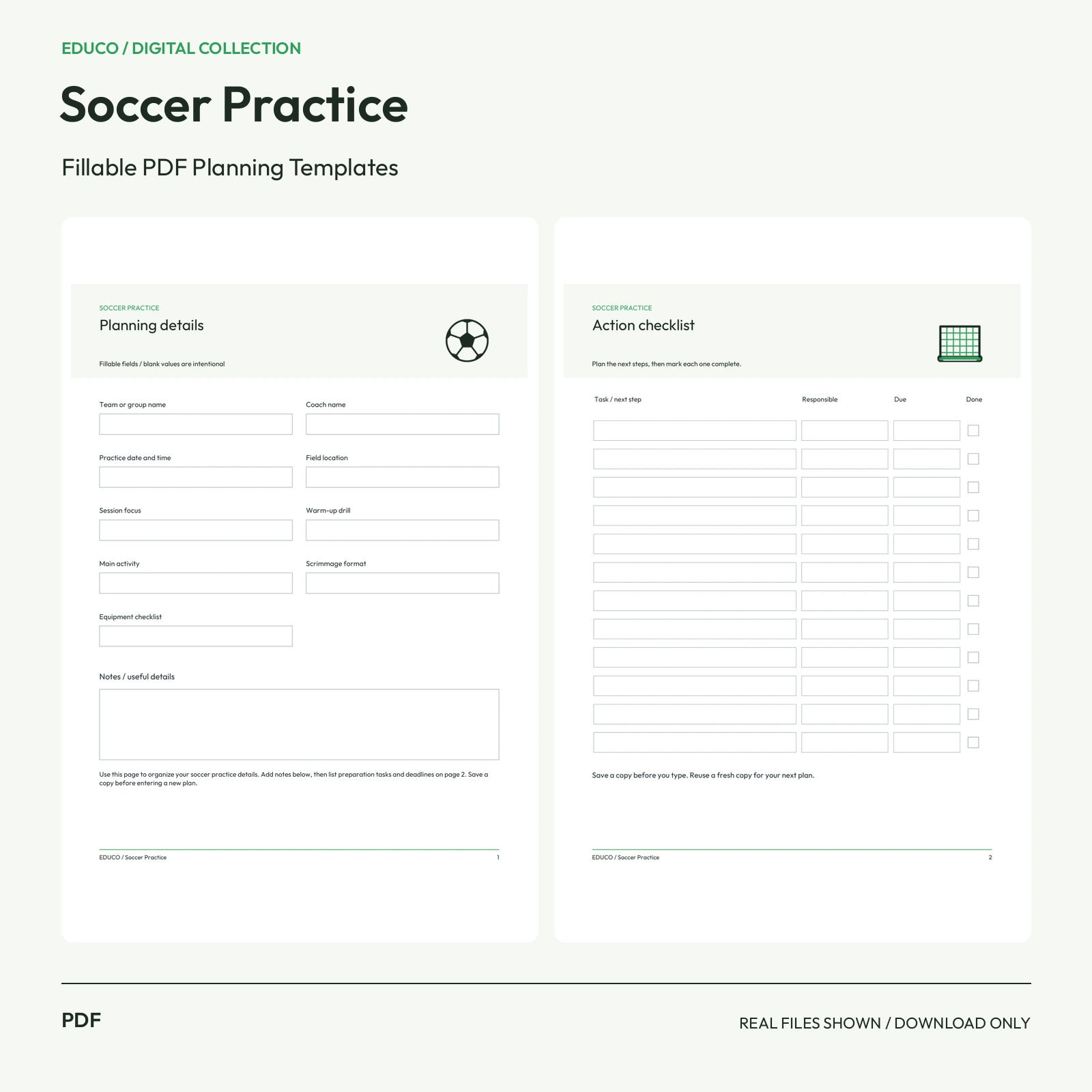 Soccer Practice - Fillable PDF Planning Templates preview