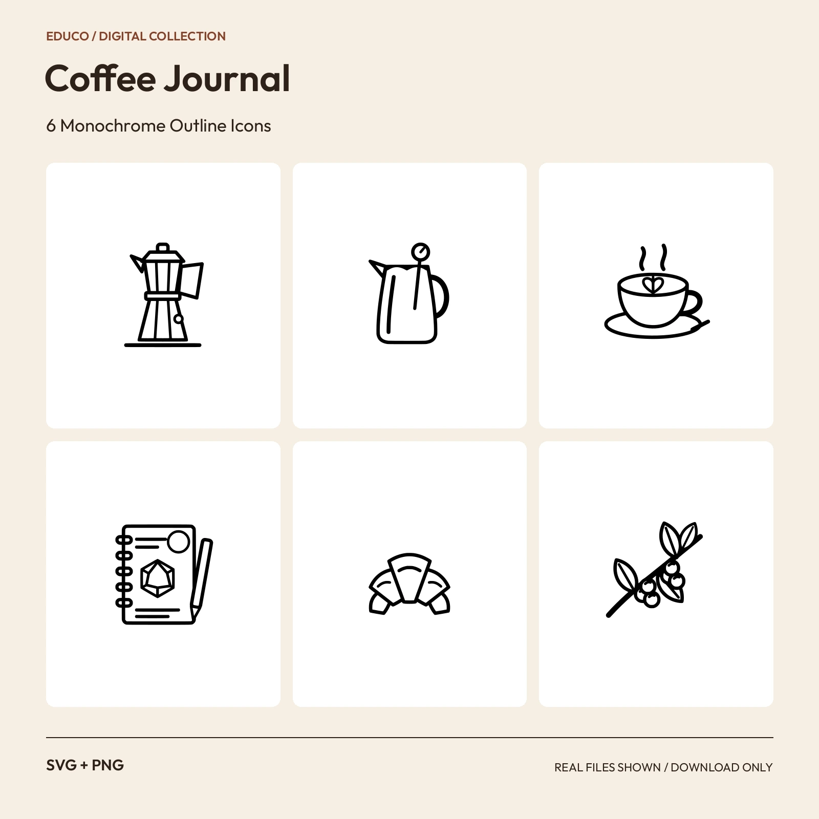 Coffee Journal - 6 Monochrome Outline Icons preview