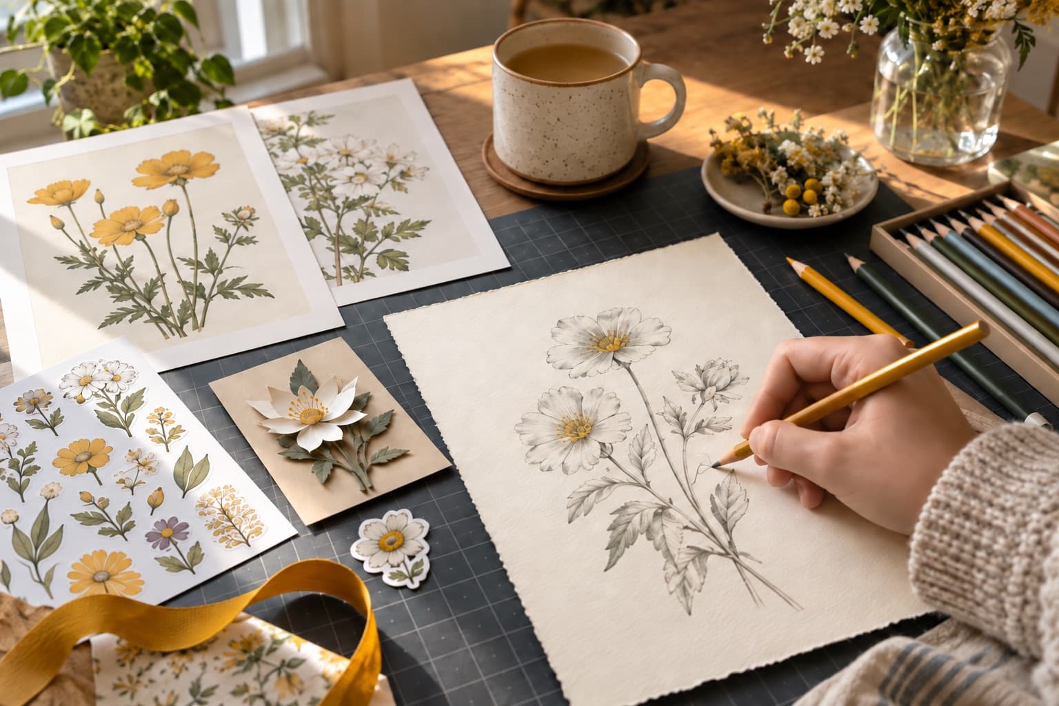 A creator sketching a botanical illustration beside printed wall art, sticker sheets, and colored pencils