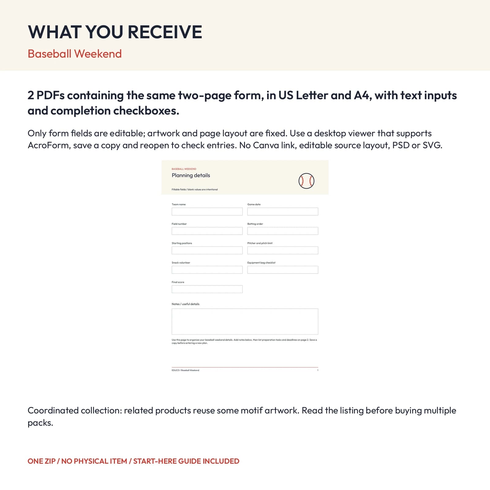 Baseball Weekend - Fillable PDF Planning Templates, preview 2 of 2