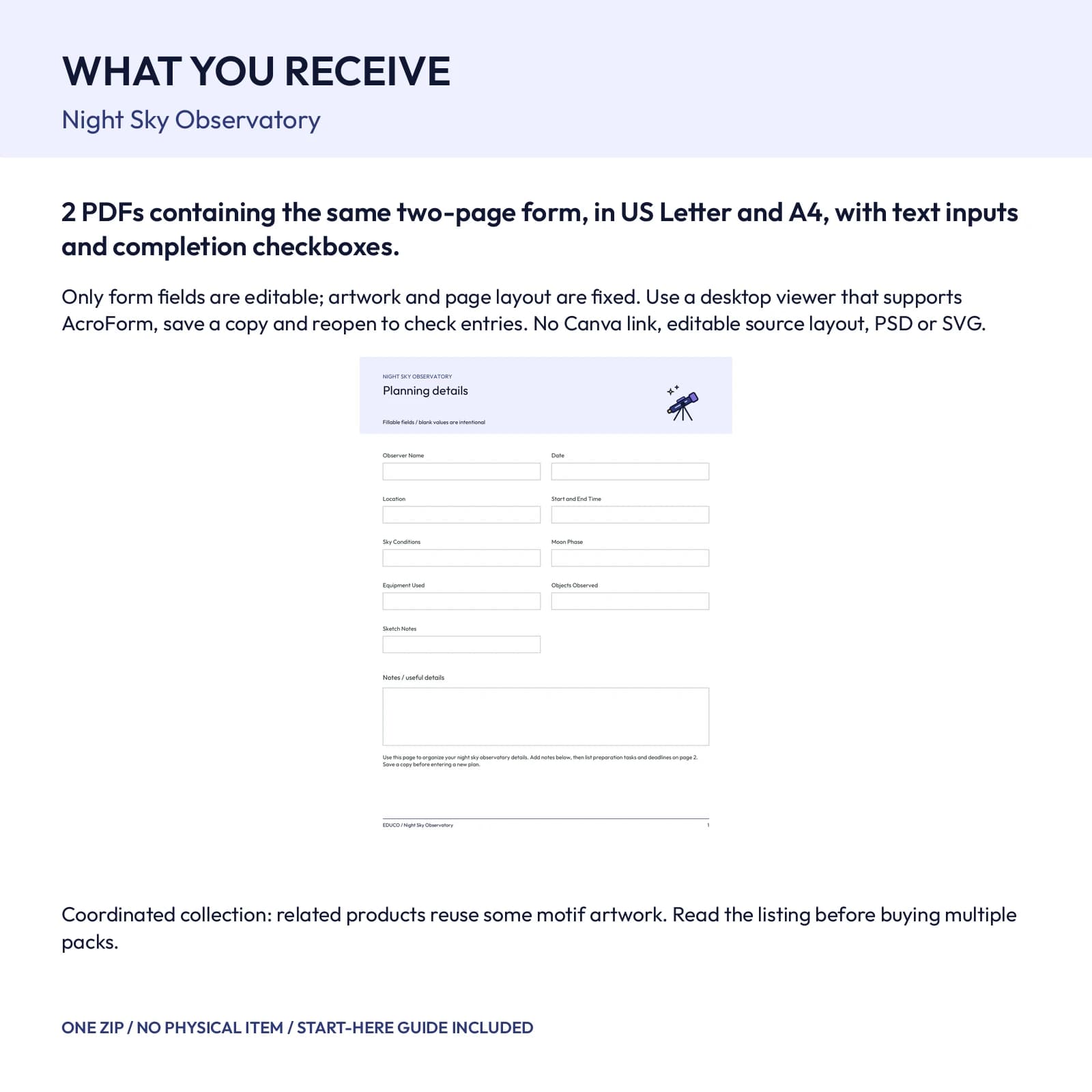 Night Sky Observatory - Fillable PDF Planning Templates, preview 2 of 2