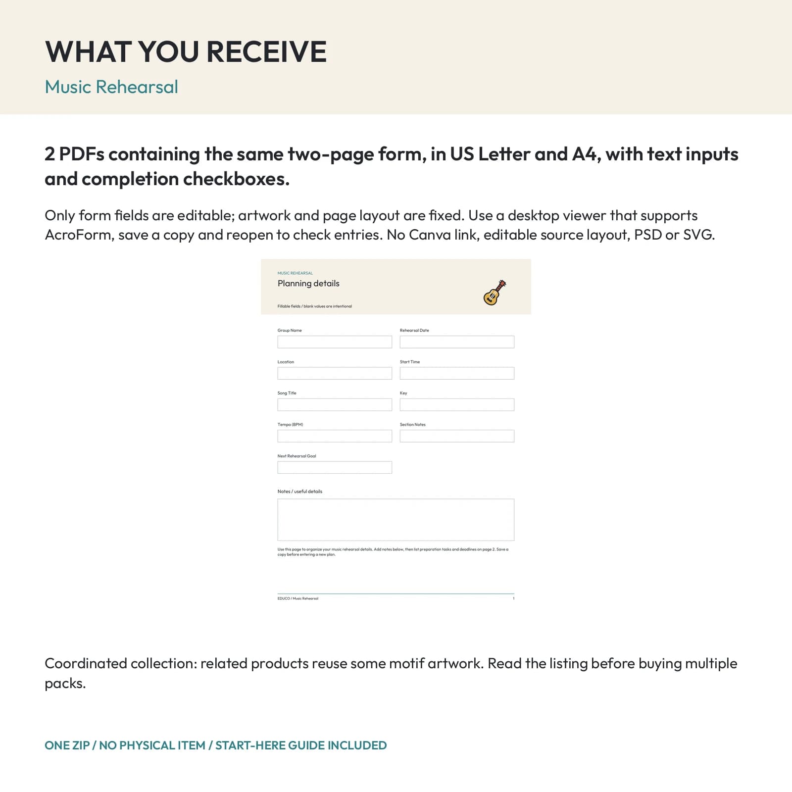 Music Rehearsal - Fillable PDF Planning Templates, preview 2 of 2