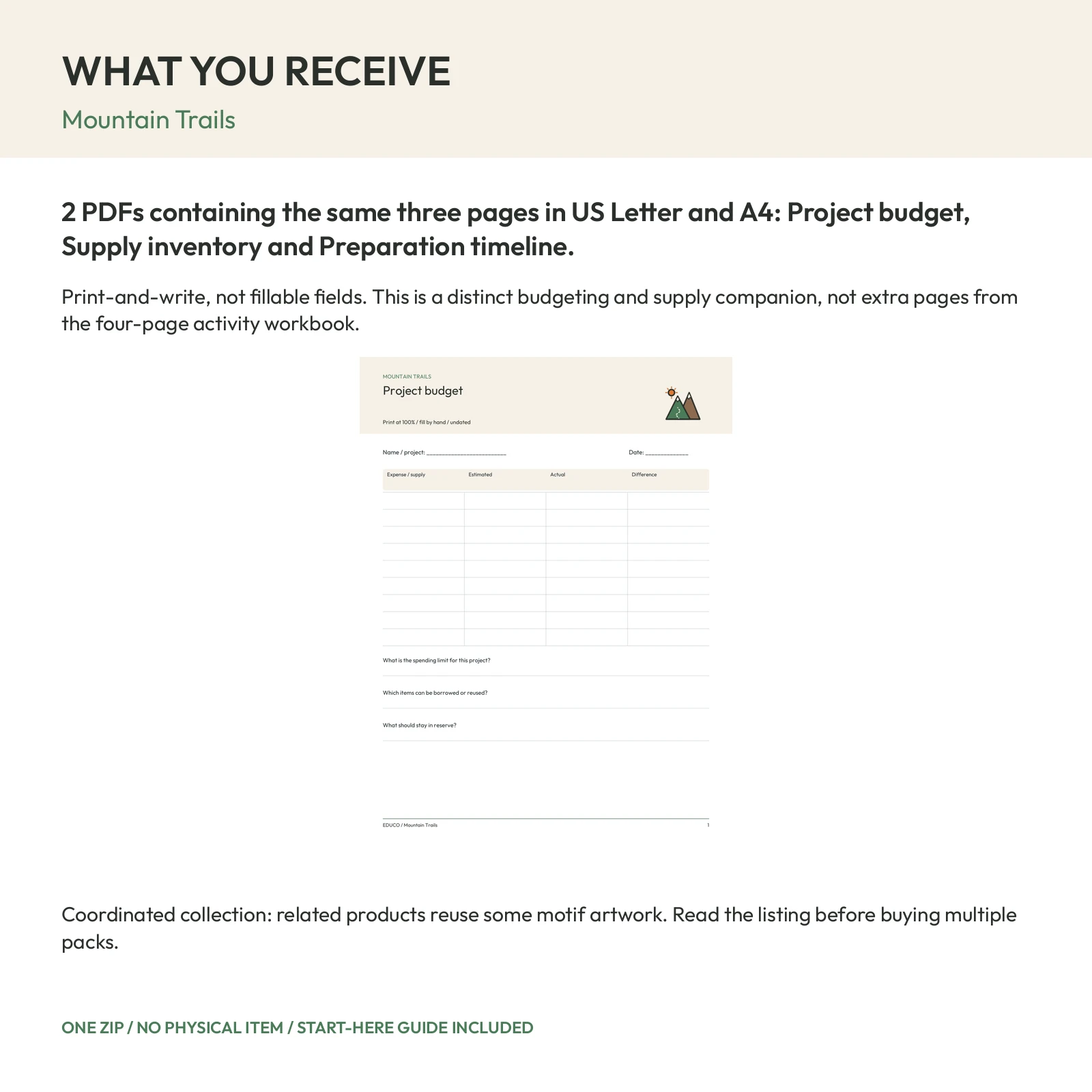 Mountain Trails - Project Budget and Supply Planner, preview 2 of 2