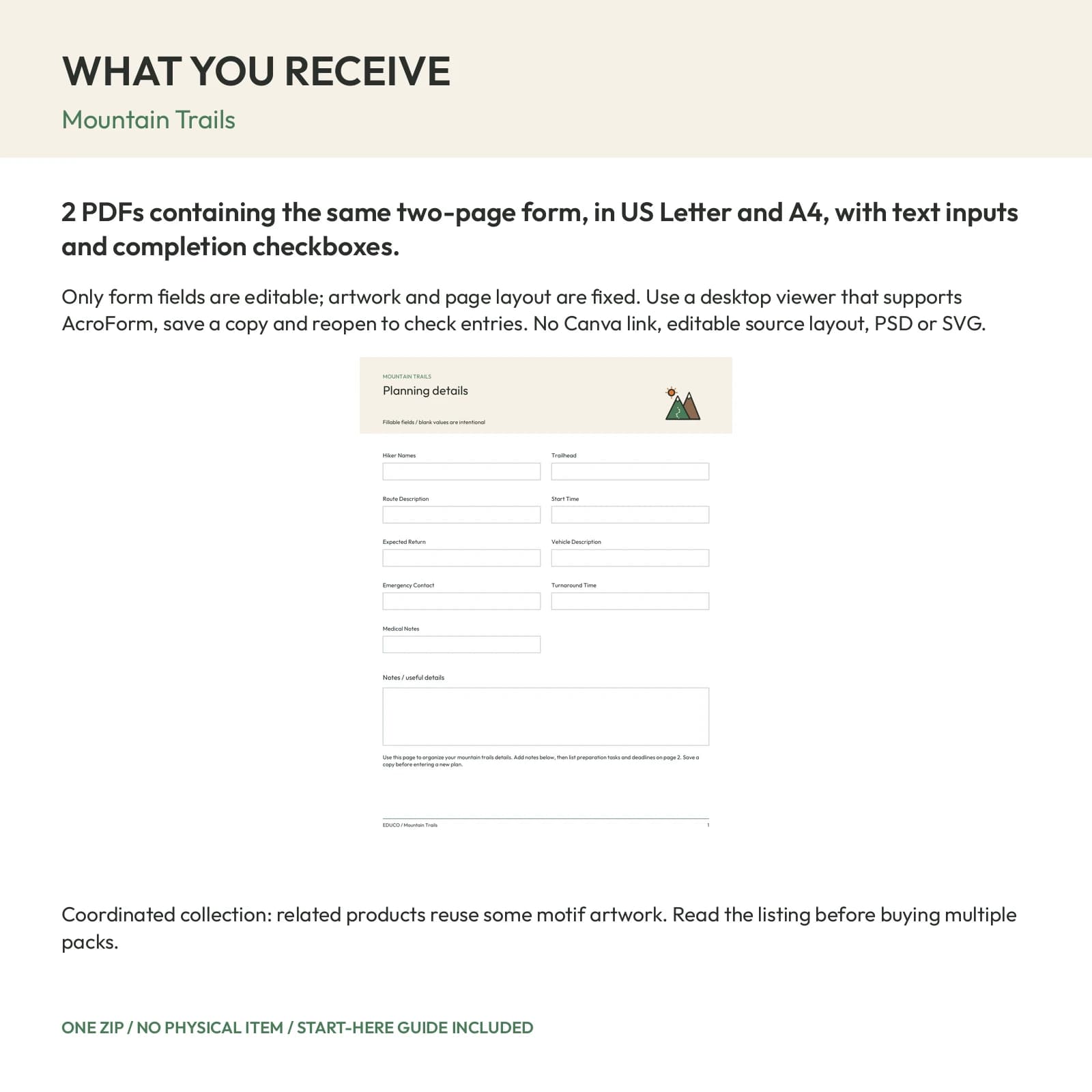 Mountain Trails - Fillable PDF Planning Templates, preview 2 of 2