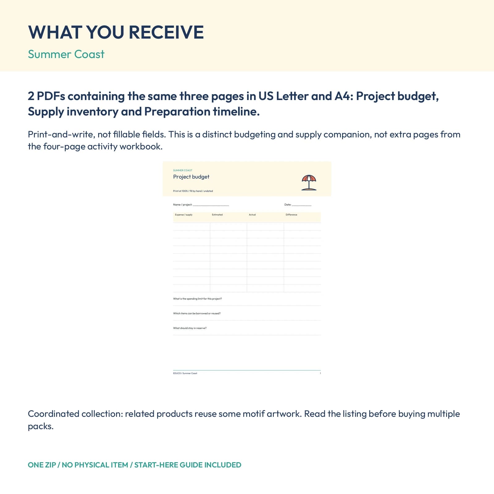 Summer Coast - Project Budget and Supply Planner, preview 2 of 2