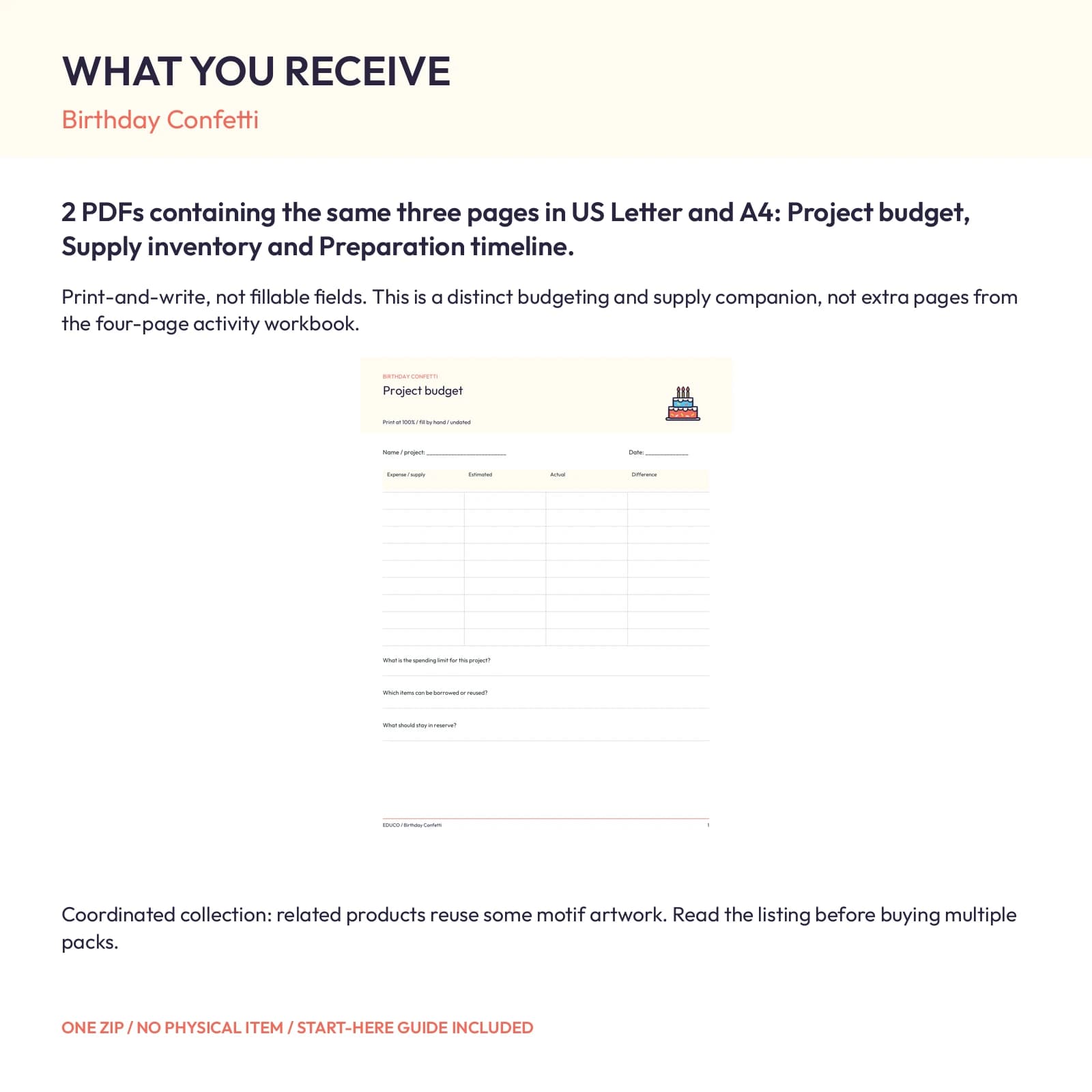Birthday Confetti - Project Budget and Supply Planner, preview 2 of 2