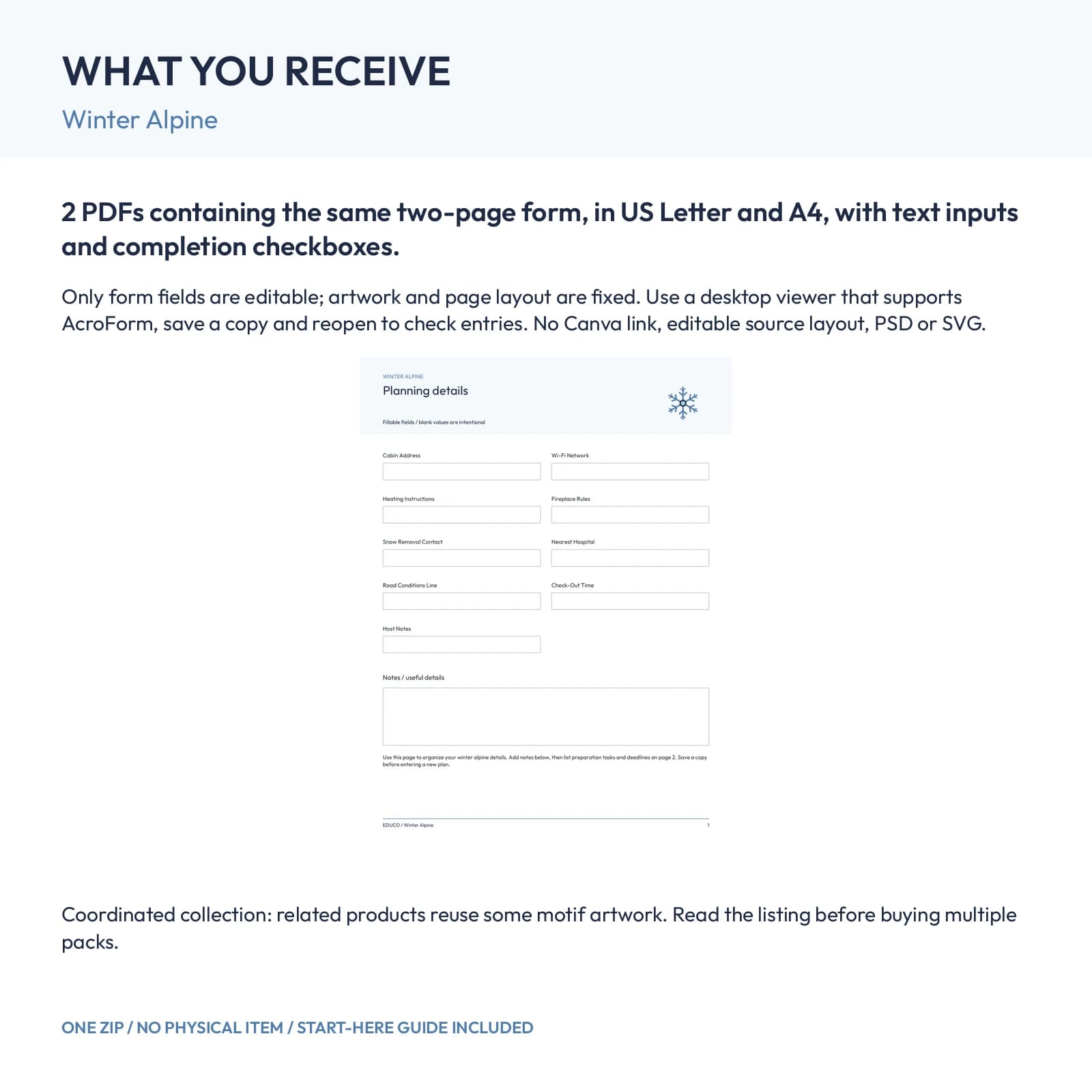 Winter Alpine - Fillable PDF Planning Templates, preview 2 of 2