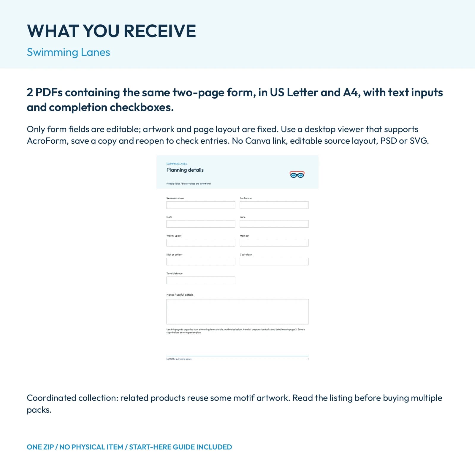 Swimming Lanes - Fillable PDF Planning Templates, preview 2 of 2