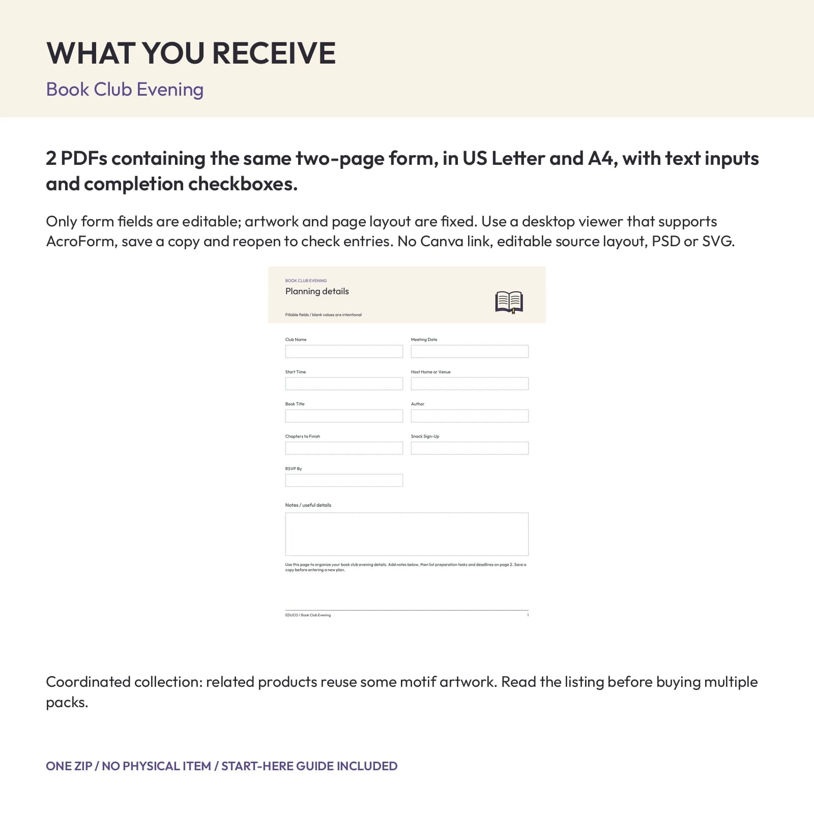 Book Club Evening - Fillable PDF Planning Templates, preview 2 of 2