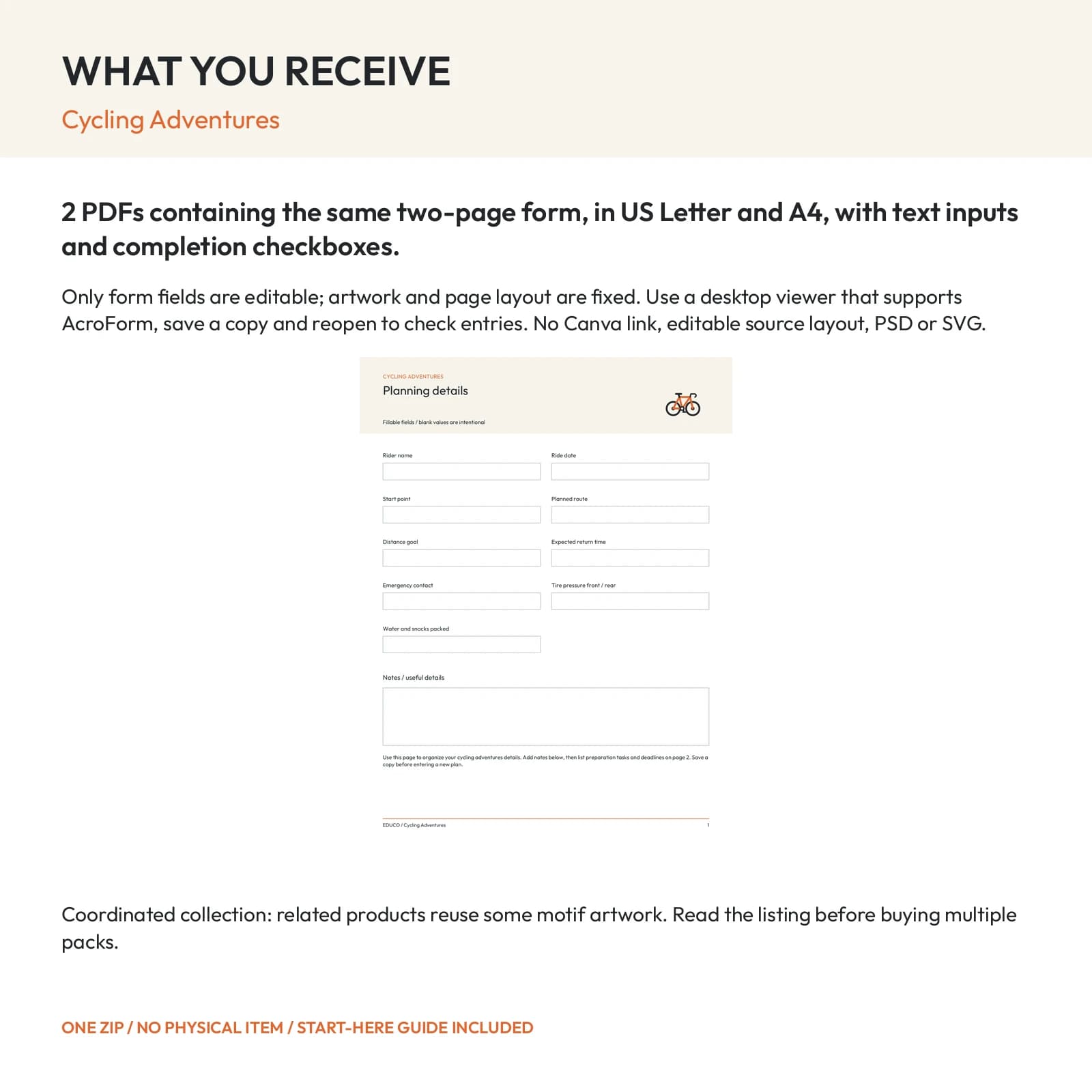 Cycling Adventures - Fillable PDF Planning Templates, preview 2 of 2