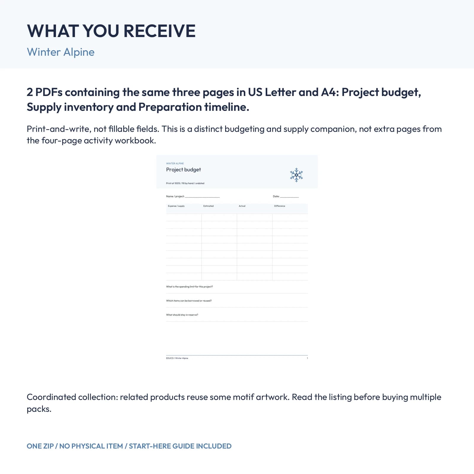 Winter Alpine - Project Budget and Supply Planner, preview 2 of 2