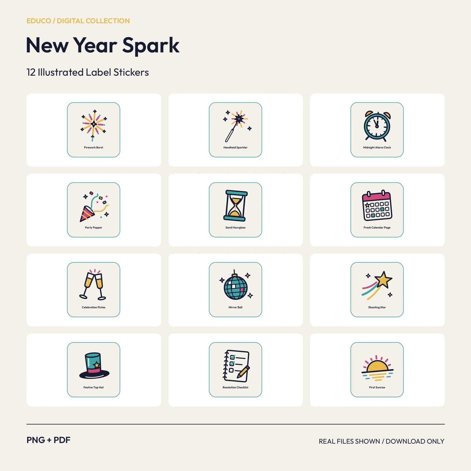 New Year Spark - 12 Illustrated Label Stickers, preview 1 of 2