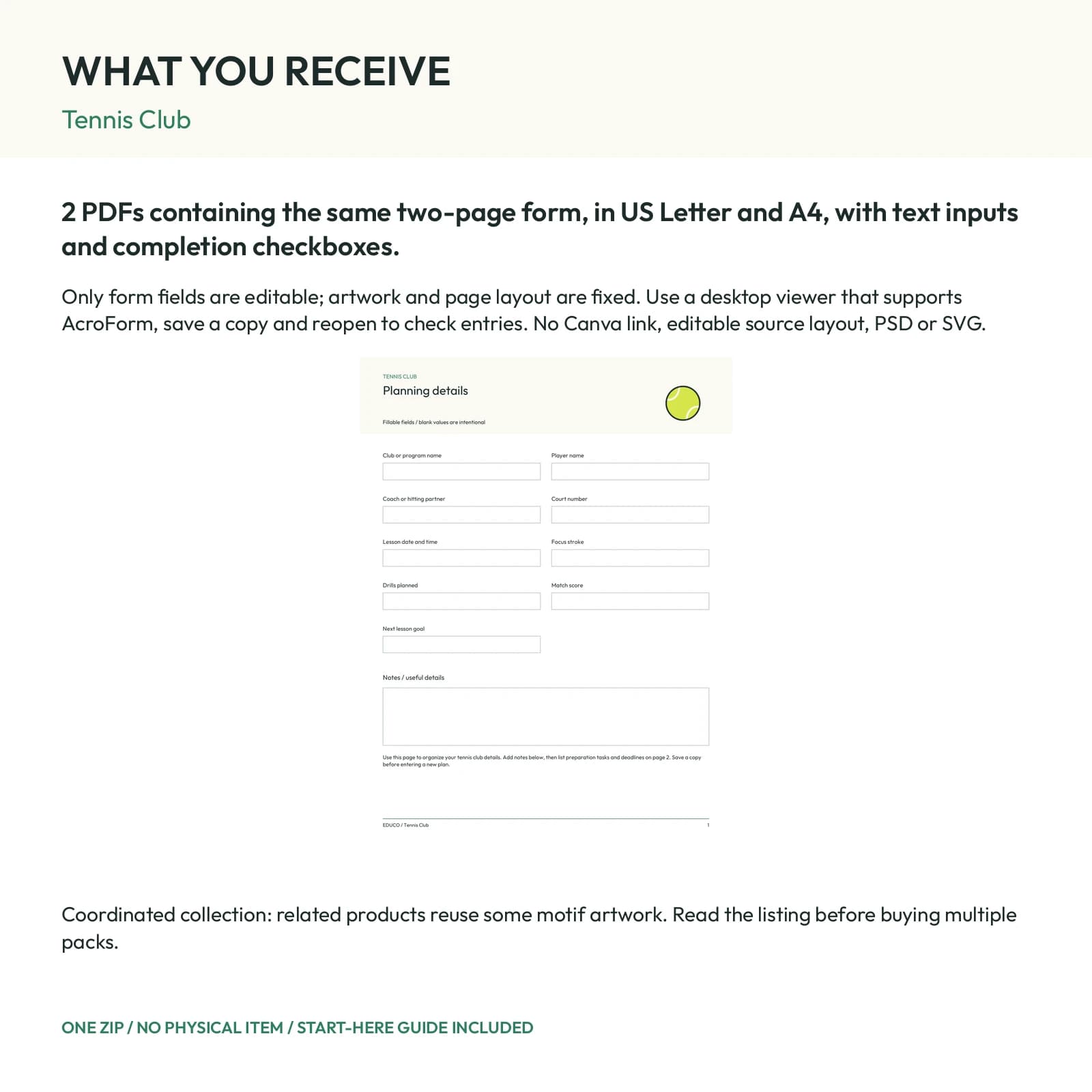 Tennis Club - Fillable PDF Planning Templates, preview 2 of 2