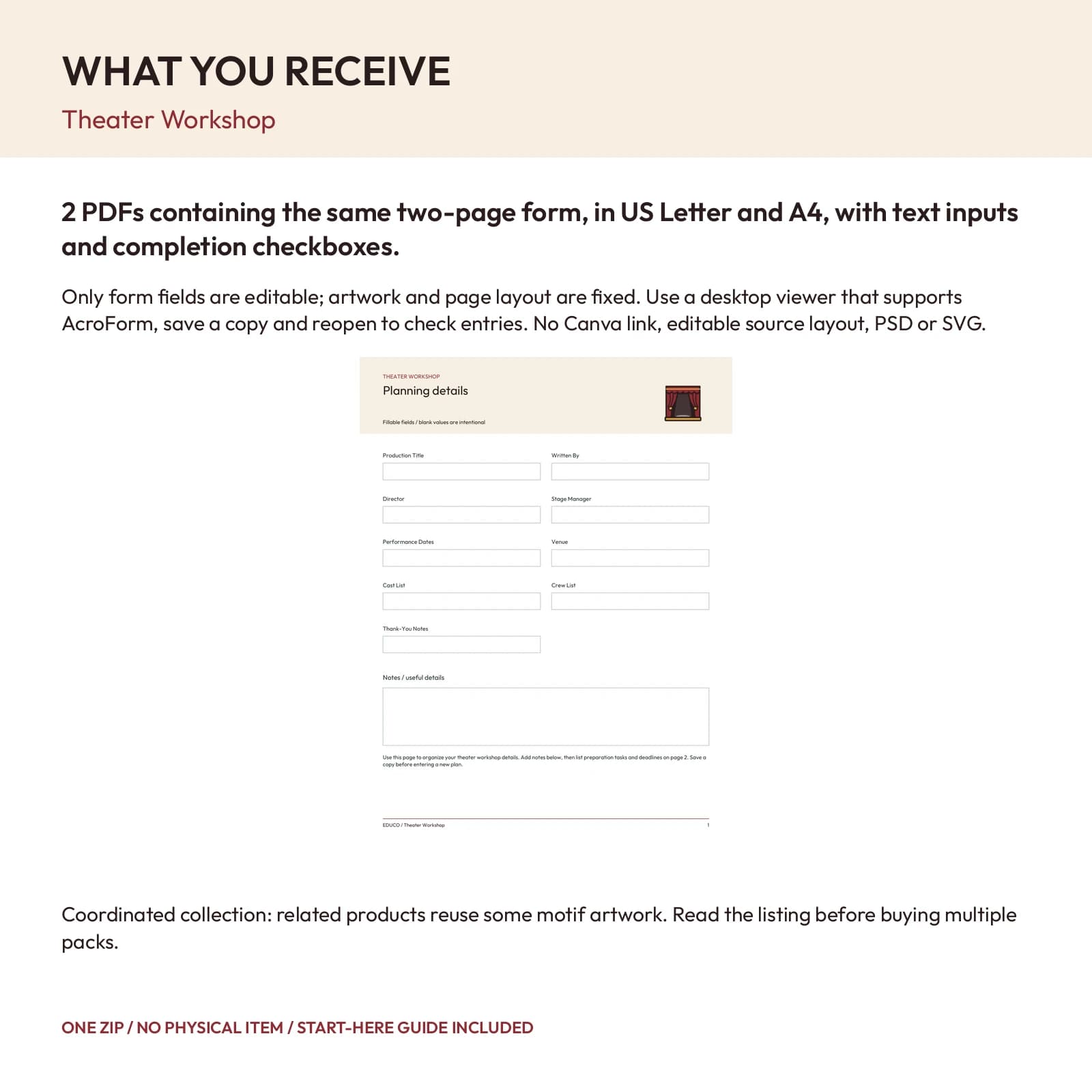 Theater Workshop - Fillable PDF Planning Templates, preview 2 of 2