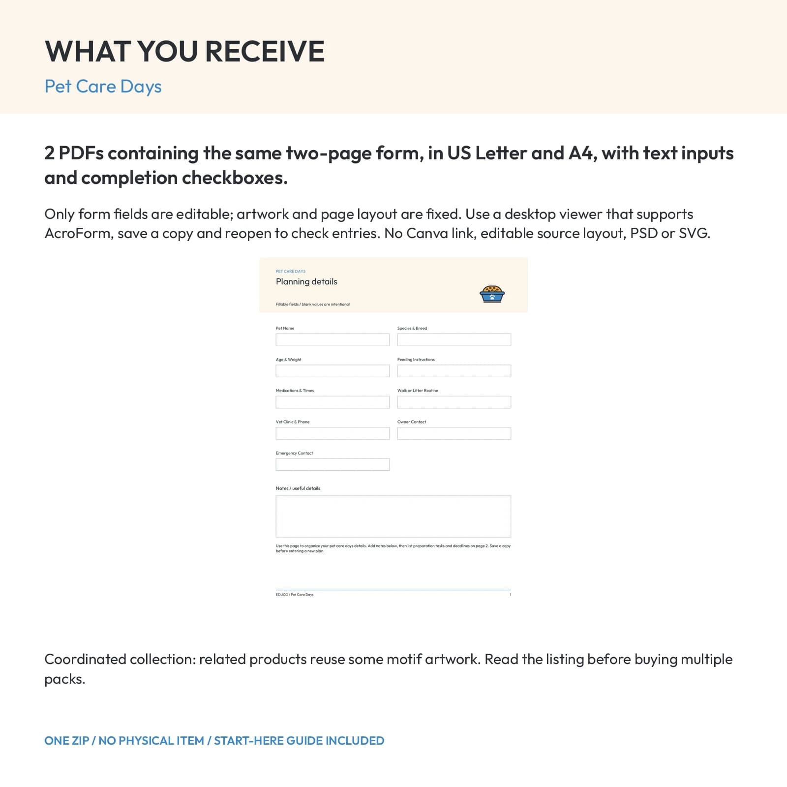 Pet Care Days - Fillable PDF Planning Templates, preview 2 of 2