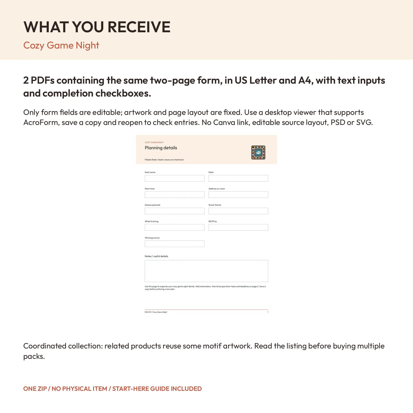 Cozy Game Night - Fillable PDF Planning Templates, preview 2 of 2