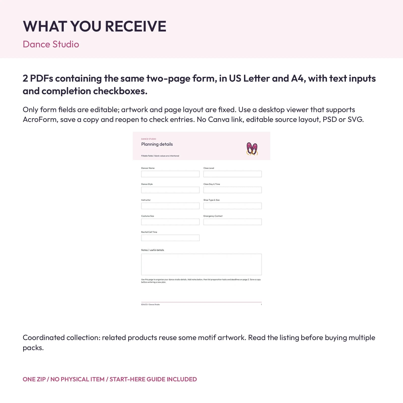 Dance Studio - Fillable PDF Planning Templates, preview 2 of 2