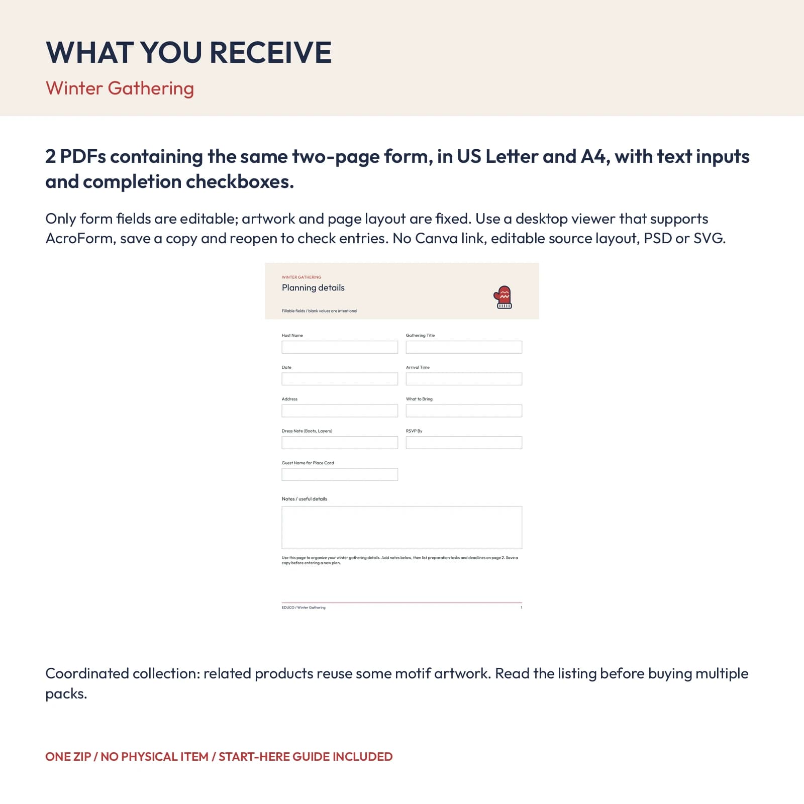 Winter Gathering - Fillable PDF Planning Templates, preview 2 of 2